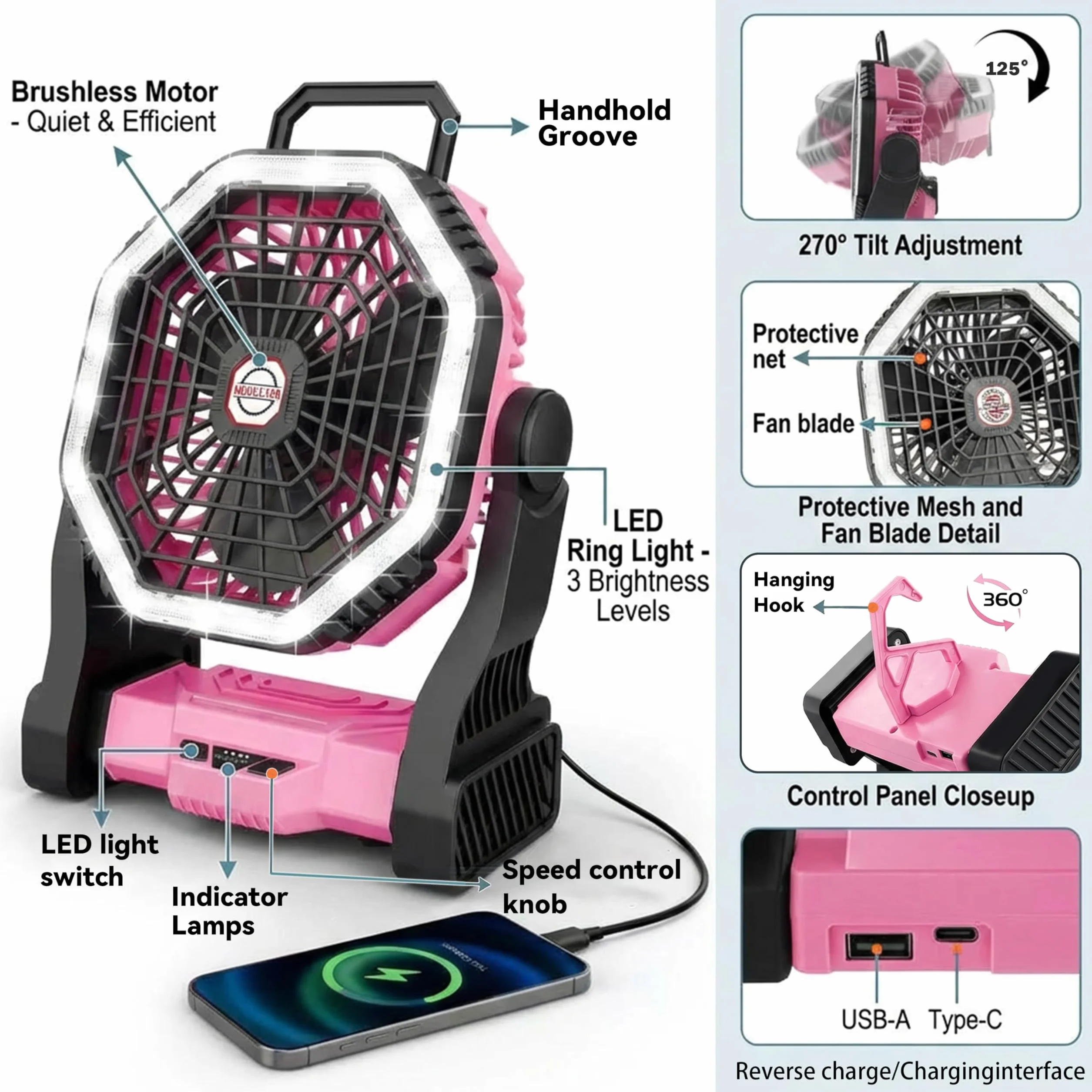 Ventilador LED portátil recargable 2 en 1 10000 mAh Rosa
