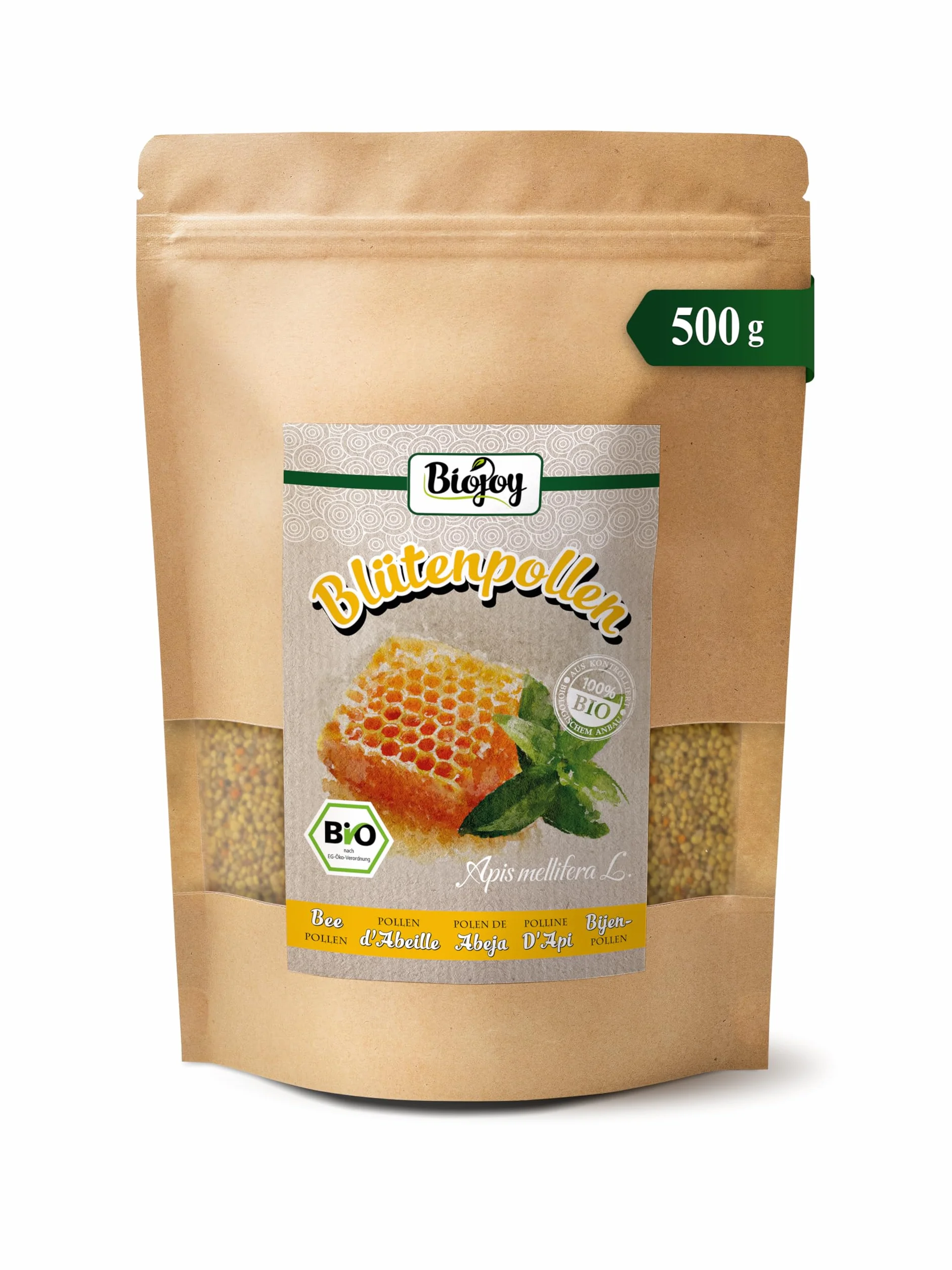 Biojoy Polen de Abeja Ecológico (500 g), Polen de Flores en Gránulos, Natural, Ideal para Comer