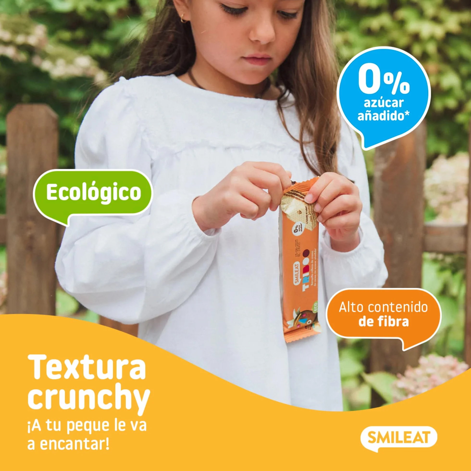 Smileat - Barquillo TRIBOO Relleno de Crema de Cacao - Snack con ingredientes ecológicos - Sin Azúcar Añadido - Merienda Crujiente con alto contenido de fibra