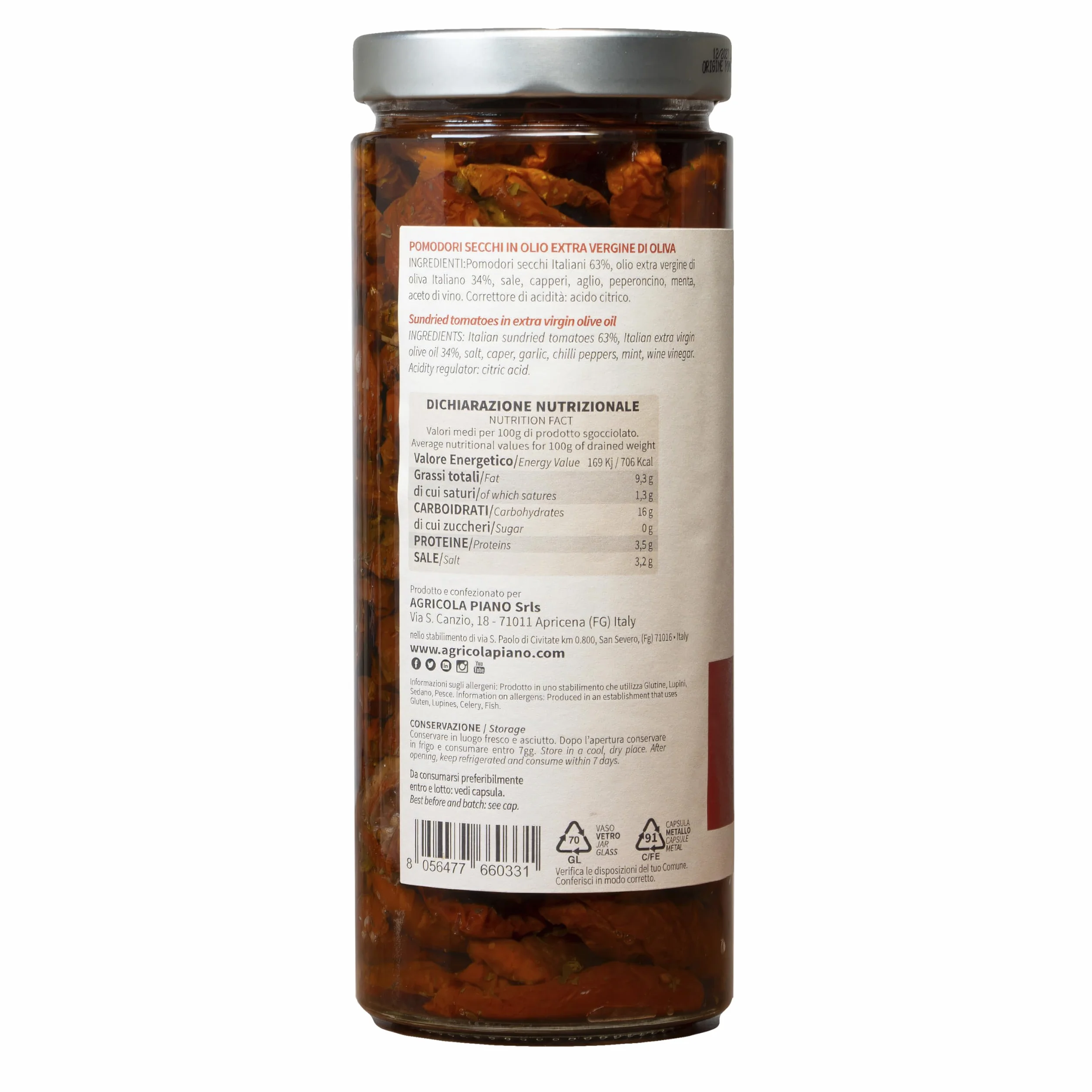 Agricola Piano - Tomates en Aceite | Tomates Secos en Aceite de Oliva Virgen Extra 1062 ml – 100% Italianos, Receta Antigua – Producción Artesanal
