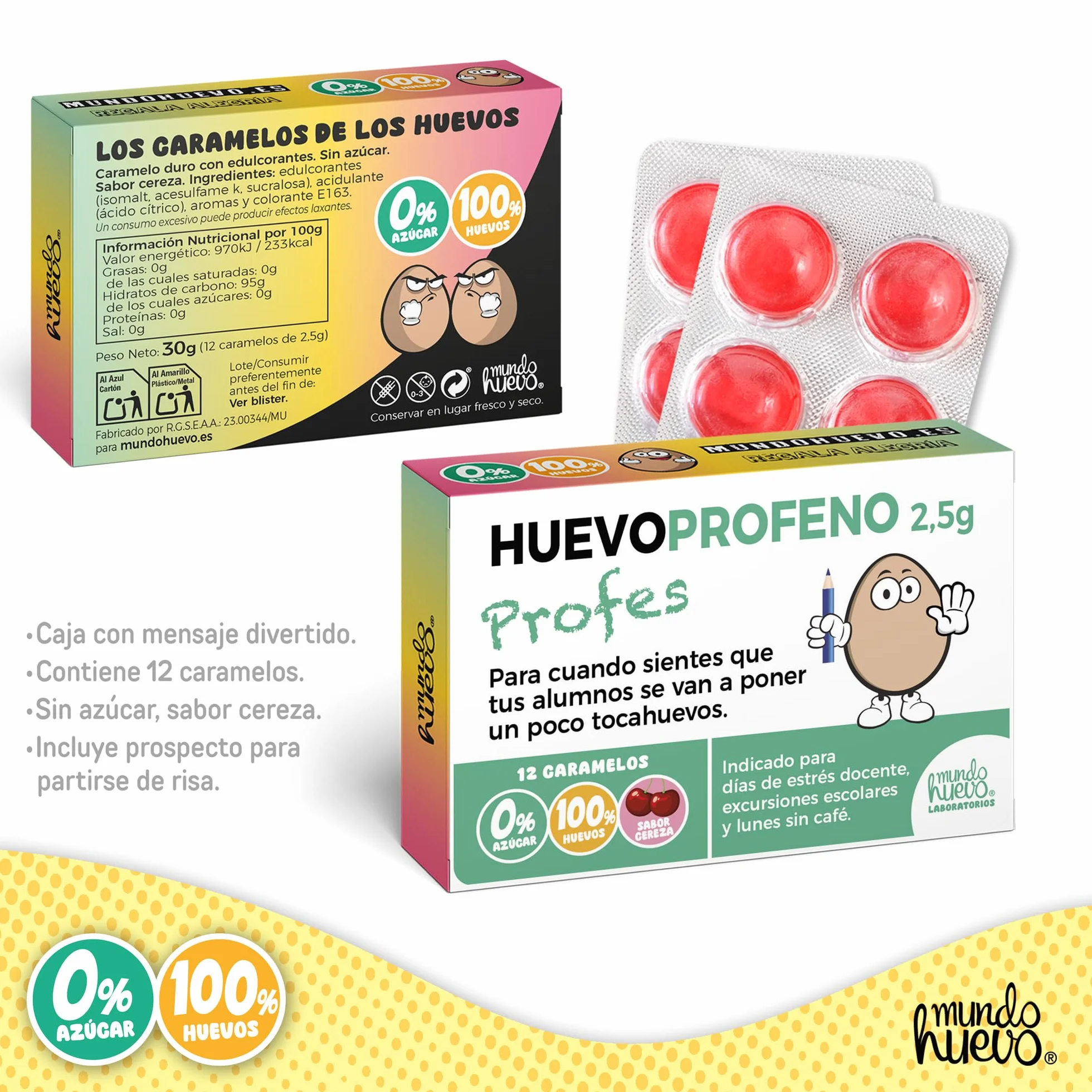 Caramelos de broma HUEVOPROFENO+ Profe | Caja con 12 caramelos sin azúcar sabor cereza | Regalo divertido para profes que dejan huella