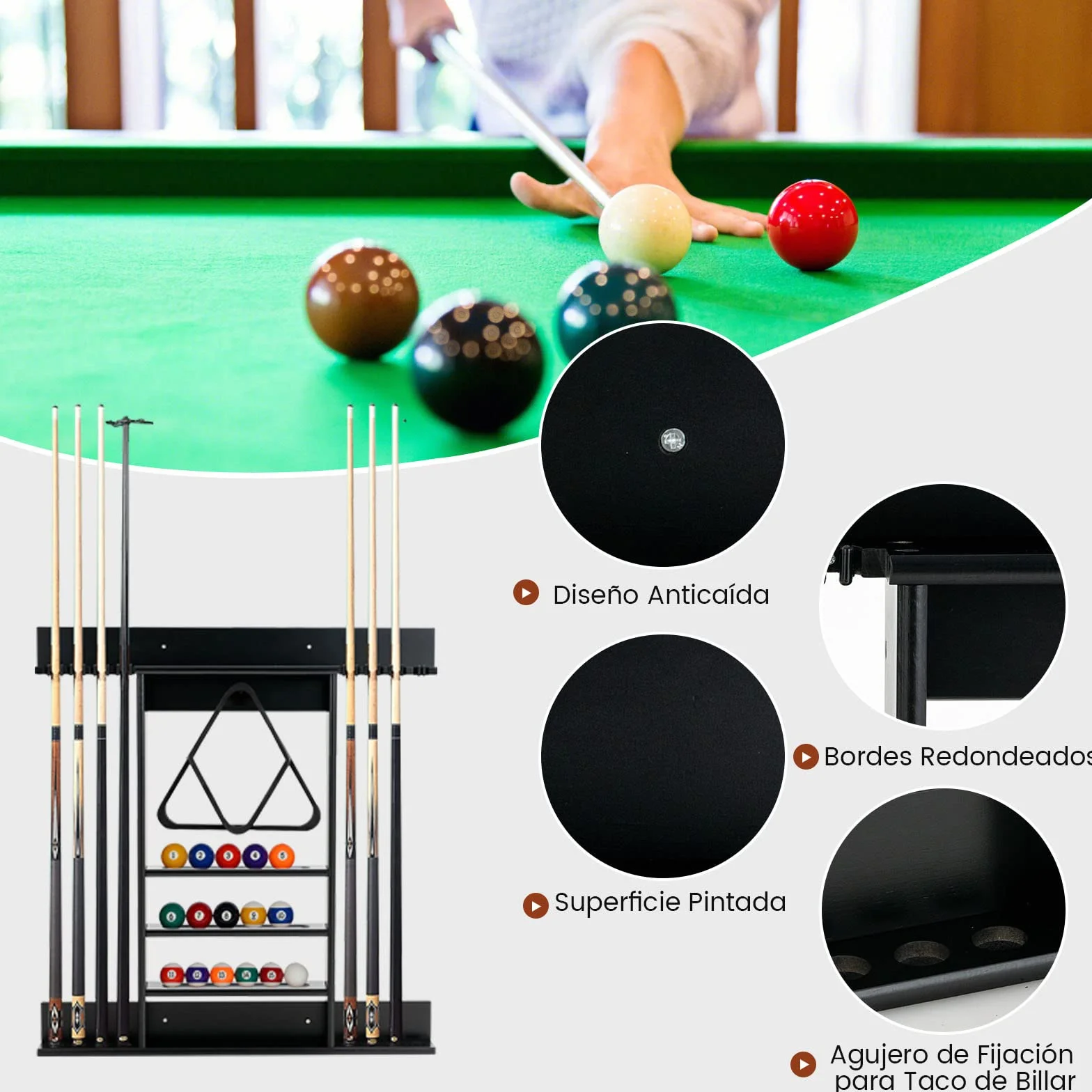 COSTWAY Billar Rack Madera Maciz Estante Palos 8 Tacos 15 Bolas 1 Soporte Equipo Compacto Sala Club Bar Negro