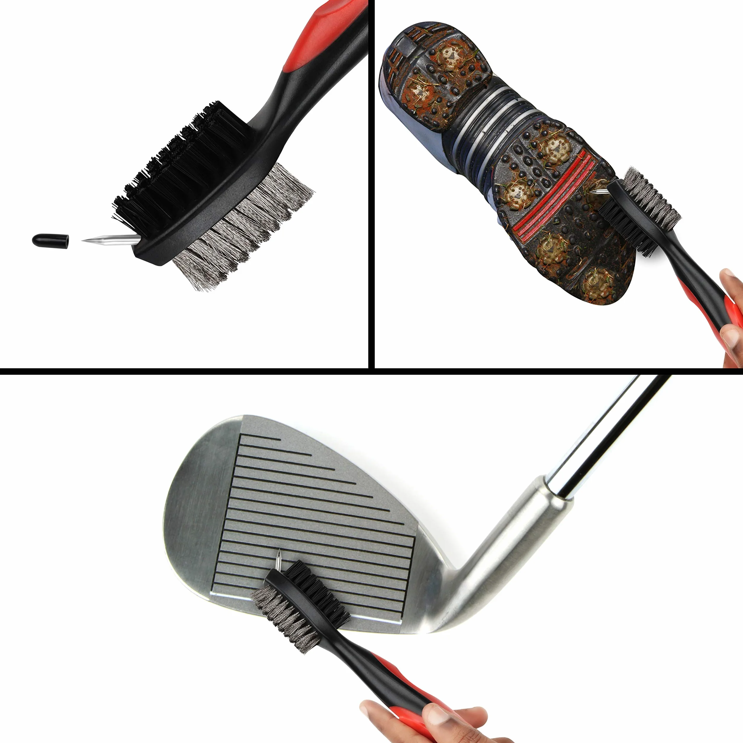K&V Golf Cepillo Limpiar Palos de Golf y Hoyuelos - Cepillo de Dos Lados Nailon y Acero con Clip