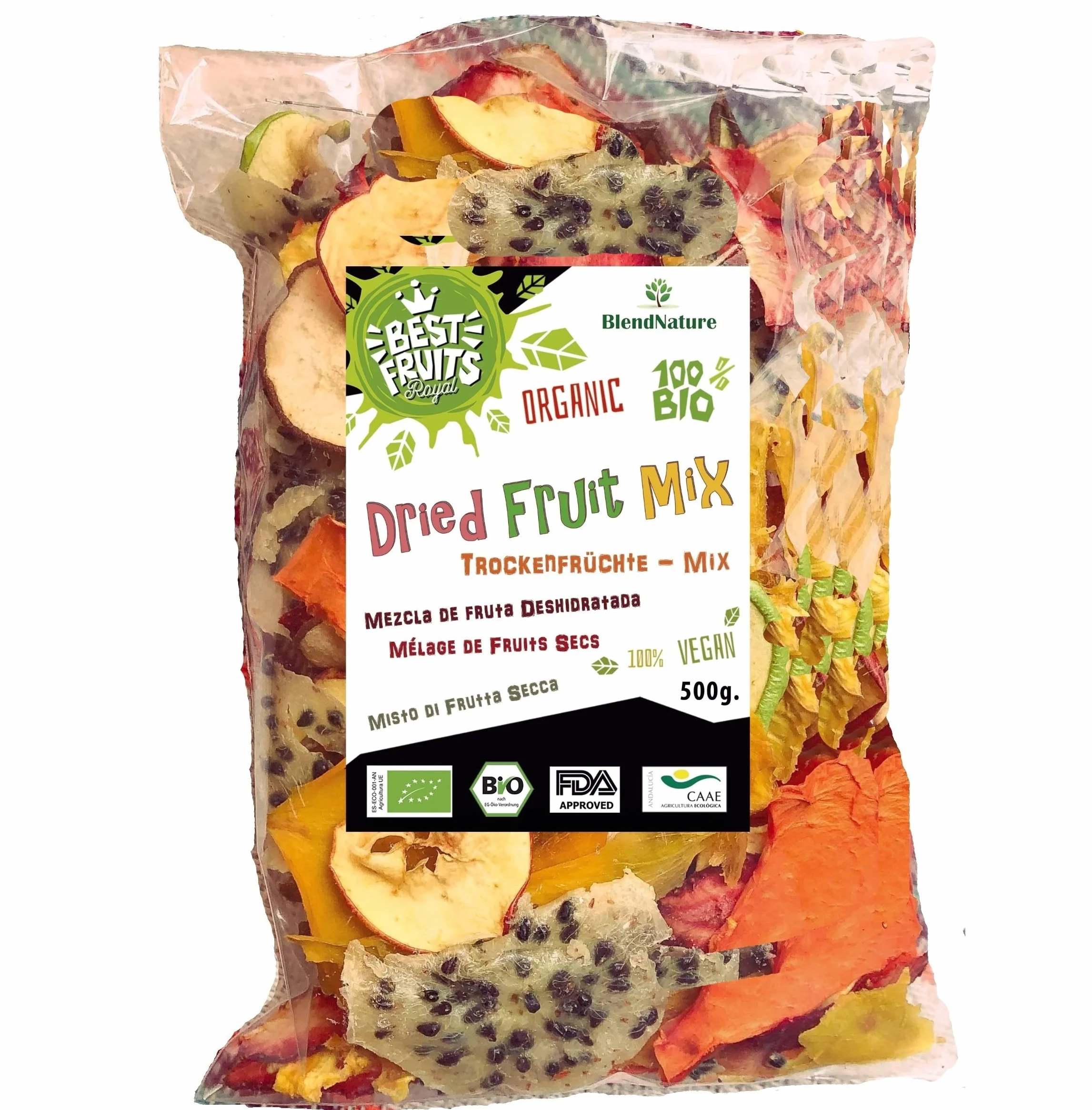 Fruta Deshidratada Sin Azucar Añadido - MIX 10 Mango Naranja Platano Manzana Pera Kaki Melocoton Piña Melon Arandanos 500g - 100% Natural – Ideal para Pasteles Cocteles o Snack – Sin Gluten