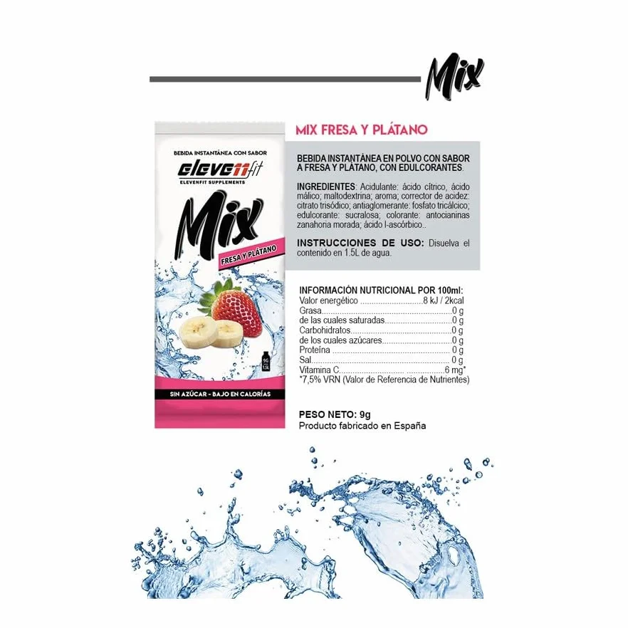 Bebida Mix 12 sobres Sabor Plátano y Fresa – Pack 12 Sobres Saborizante Plátano & Fresa 9 g | Preparado Instantáneo sin Azúcar | Hasta 18 L de Bebida Refrescante | Sabor Frutal