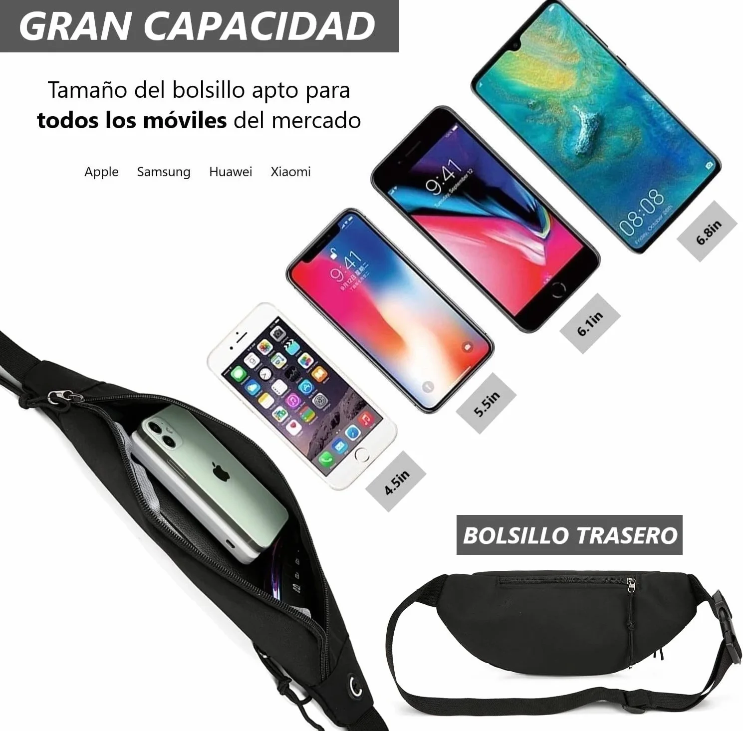 Riñonera Deportiva con Cinturón Ajustable para Entrenamiento al Aire Libre, Senderismo, Viaje (Negro)