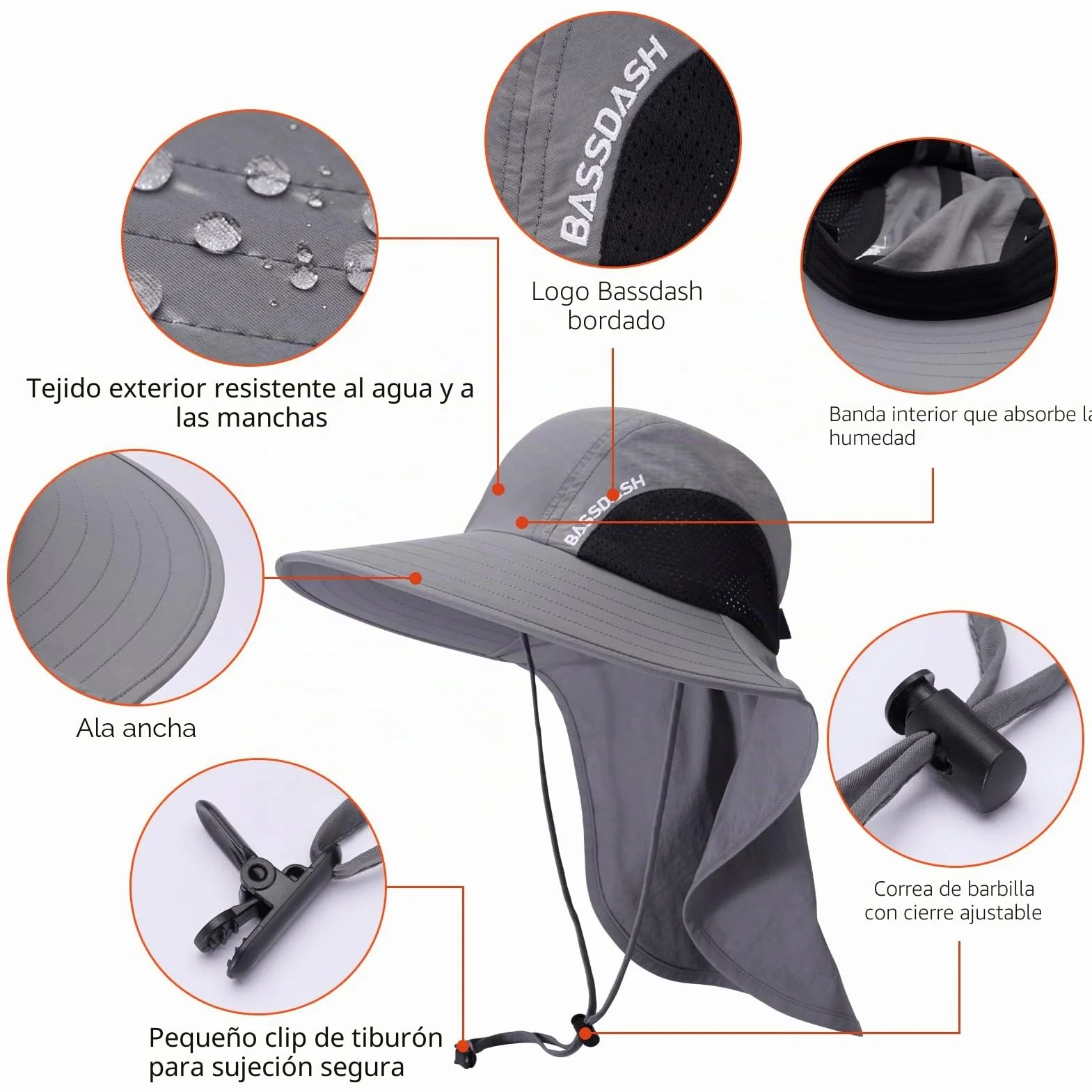 Bassdash UPF 50+ Sombrero de Sol de ala Ancha Resistente al Agua con Solapa de Cuello Grande para Pesca