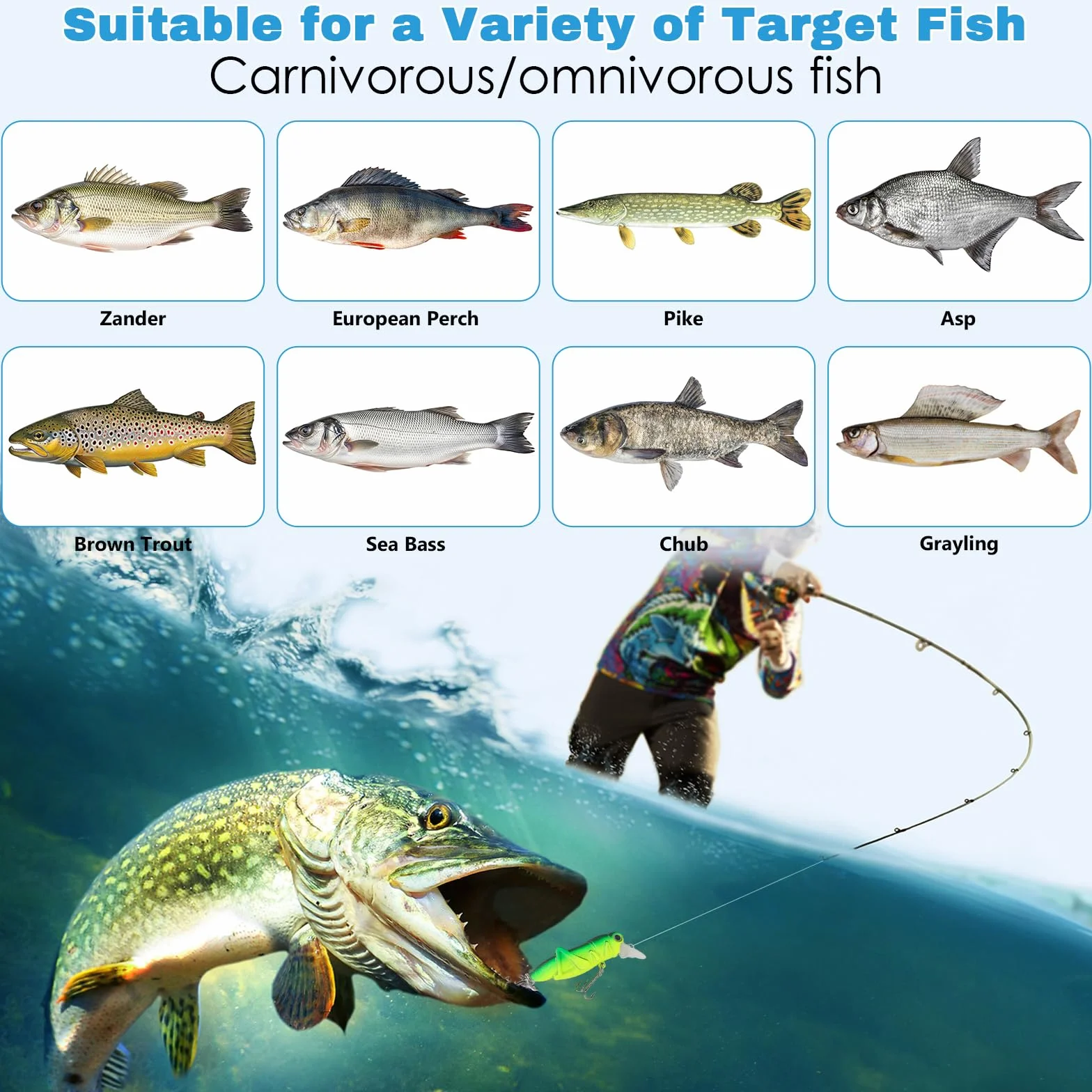 Juego de 153 señuelos de pesca con caja – Wobbler, peces de goma, spinner para agua dulce y salada