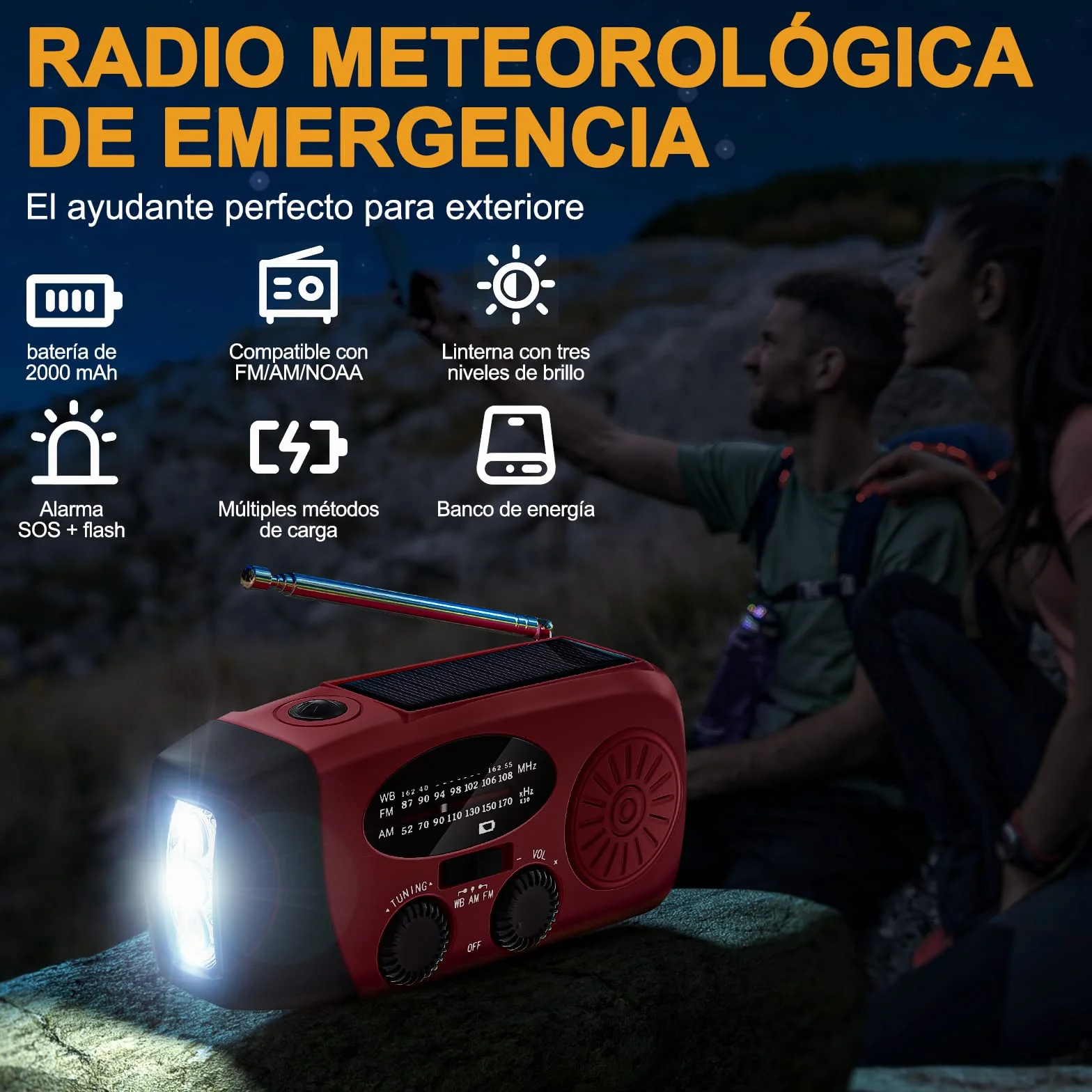 Radio Solar de Emergencia FM/AM/NOAA Portátil Manivela 2000mAh Power Bank Linterna SOS Recargable Camping