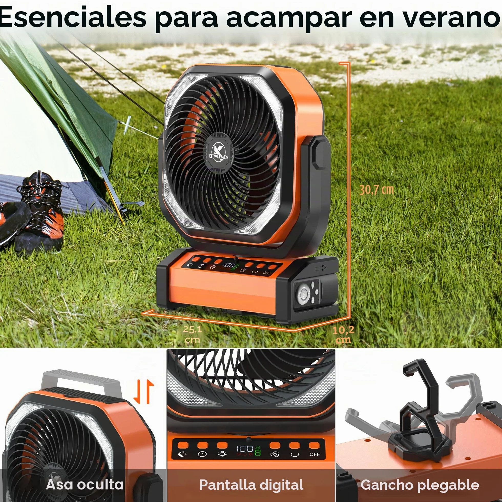 Kitwlemen Ventilador de Camping 20000mAh 112h 9 Velocidades Temporizador Oscilación Automática 270° Gancho