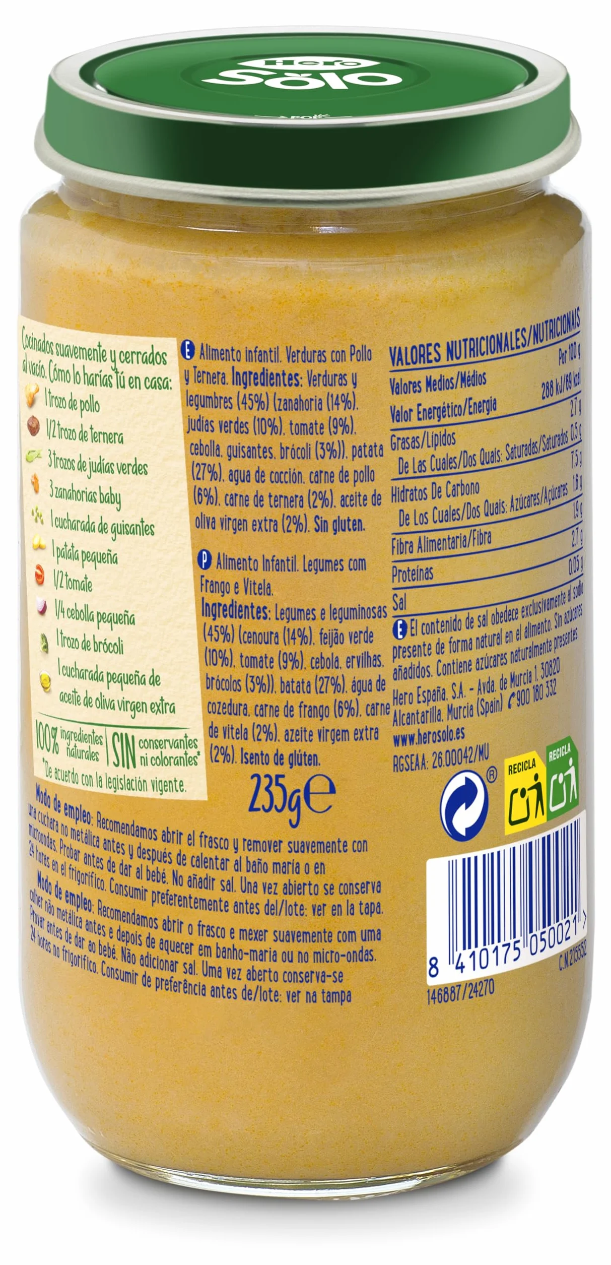 Hero Solo, Tarrito de Verduras con Pollo y Ternera, Desde 6 Meses, 100% Natural, Sin Azúcar Añadido ni Almidón, Calidad Baby Garantizada, 235g x 6 unidades