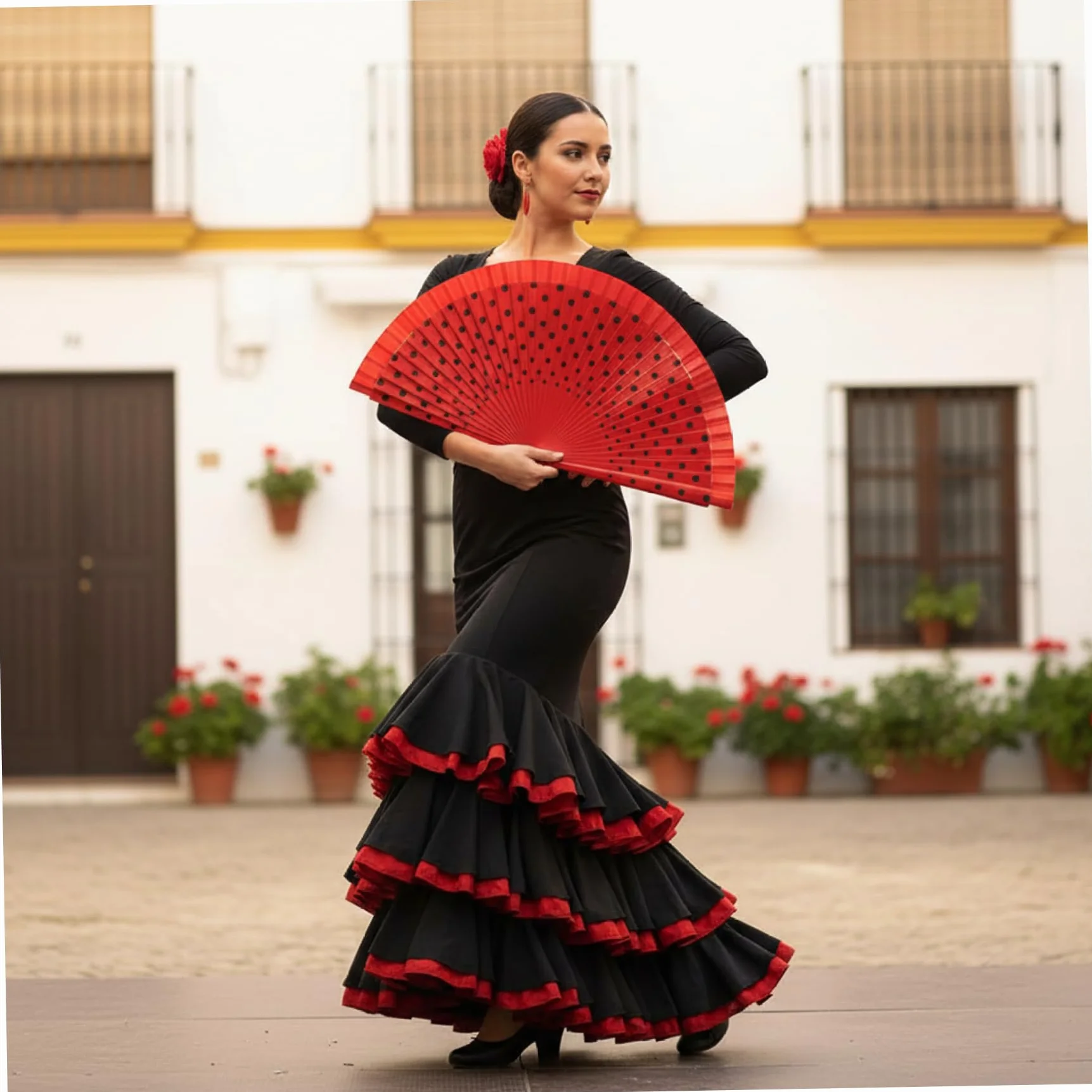 Abanico español pintado a mano lunares rojos algodón mango madera plegable flamenco