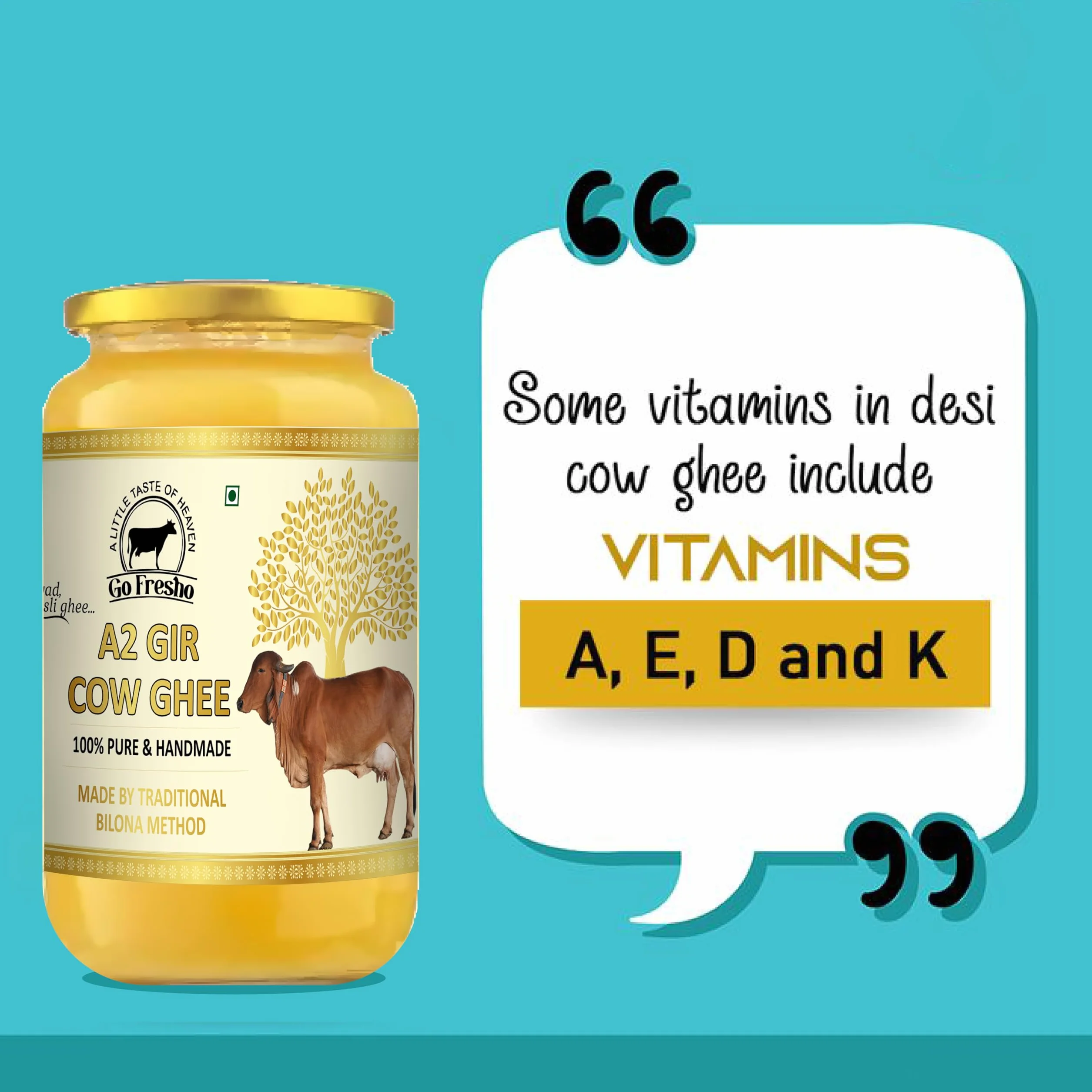 Go Fresho Ghee de vaca Gir A2 | Método Vedic Bilona | Puro, natural y saludable | Botella de vidrio de 1000 ml