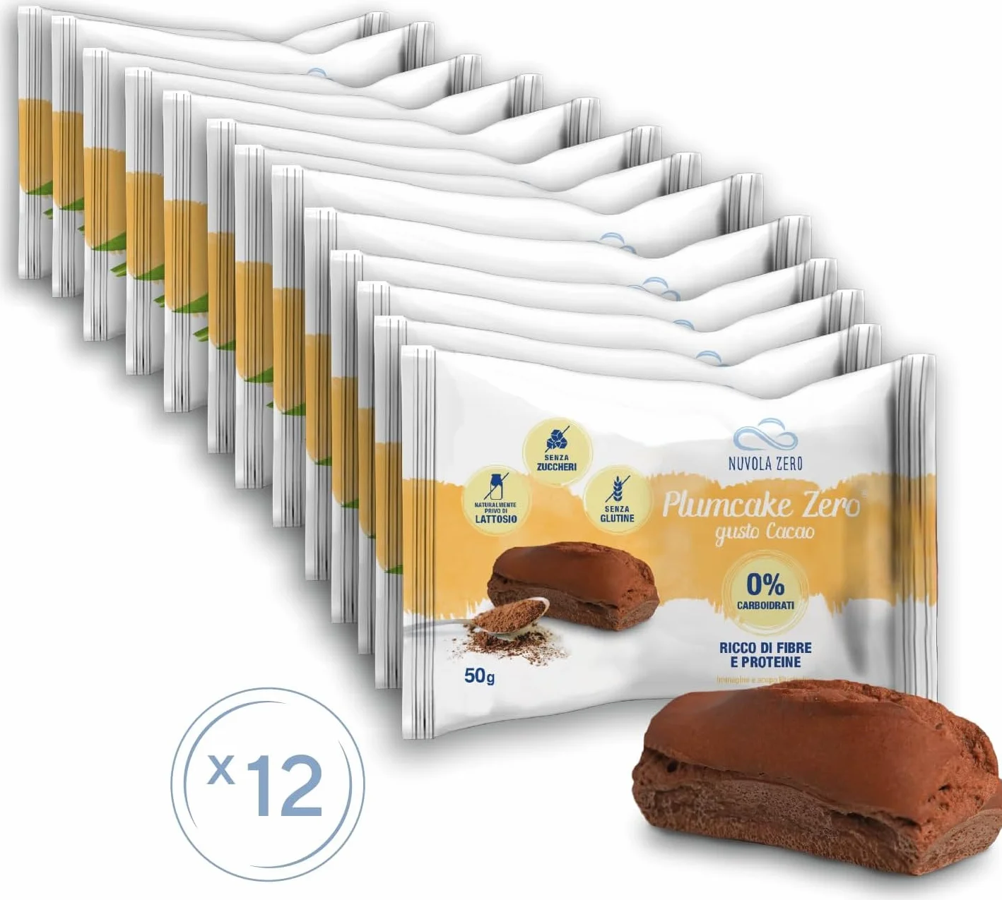 Nuvola Zero - Plumcake Zero Sabor Cacao Sin Carbohidratos, Snacks Sin Lactosa, Sin Azúcar, Sin Gluten, Rico en Fibra, Pack de 12 uds, Made in Italy
