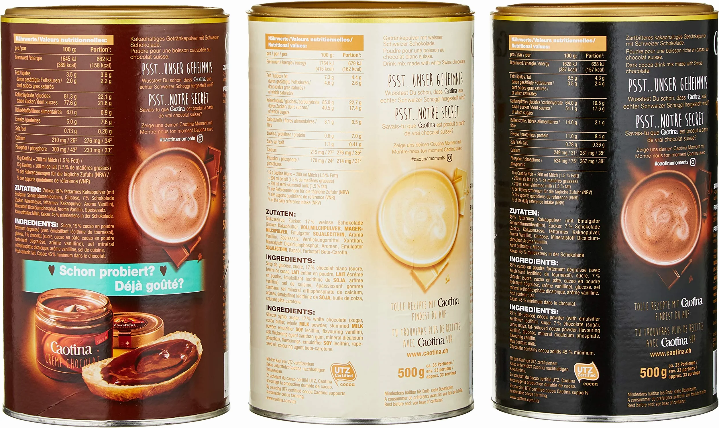 Caotina Set Triple, Cacao en Polvo de Chocolate Suizo, Chocolate Caliente, 3 x 500 g