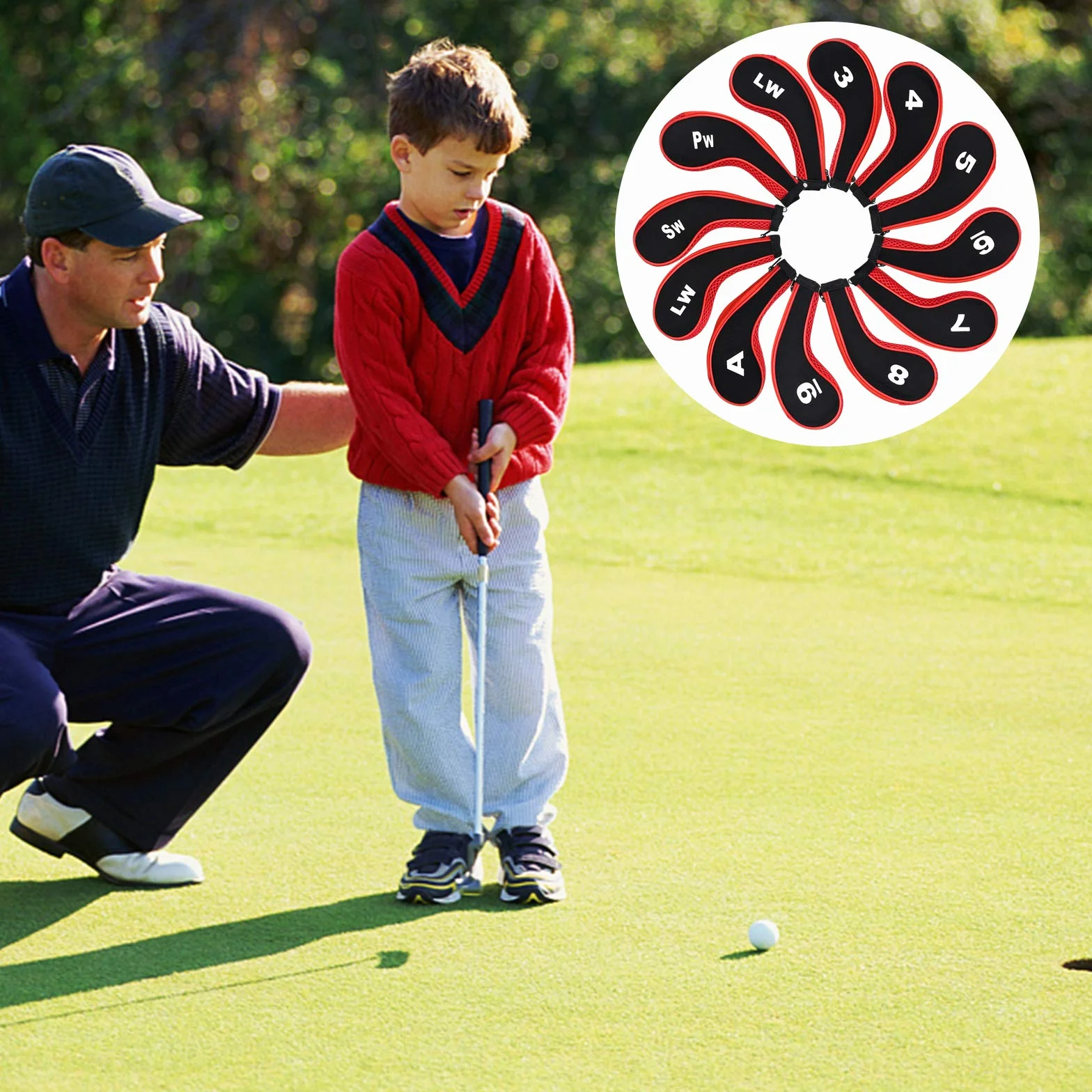 Fundas de Hierro para Palos de Golf 12 Piezas Números 3-9 A/SW/PW Cremallera Cuello Largo Rojo