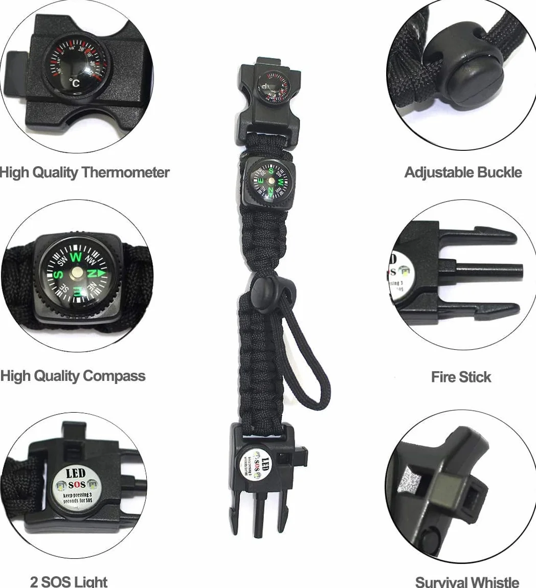 Pulsera Paracord Supervivencia Camuflaje con Flint Brújula Termómetro Silbato para Caminatas Camping