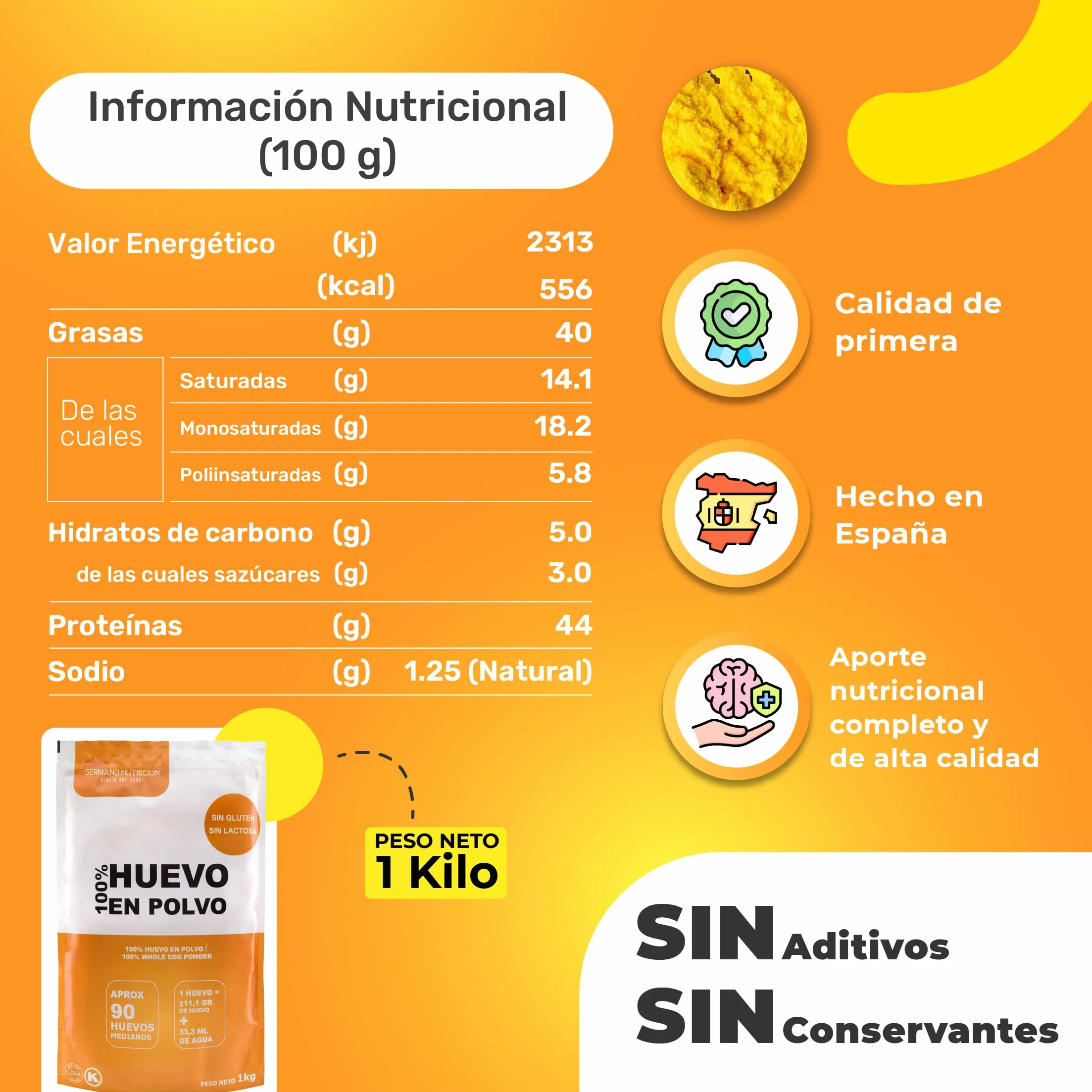 Huevo en Polvo Campero 1kg | Huevos Pasteurizados Sin Gluten | Huevo Deshidratado Sin Aditivos