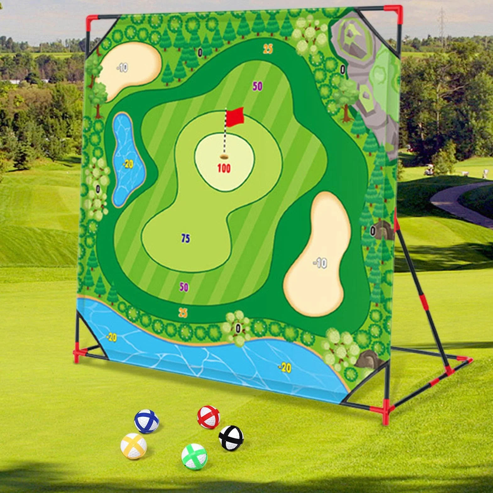 Esterilla de entrenamiento de golf 137 cm con 24 bolas adherentes y soporte