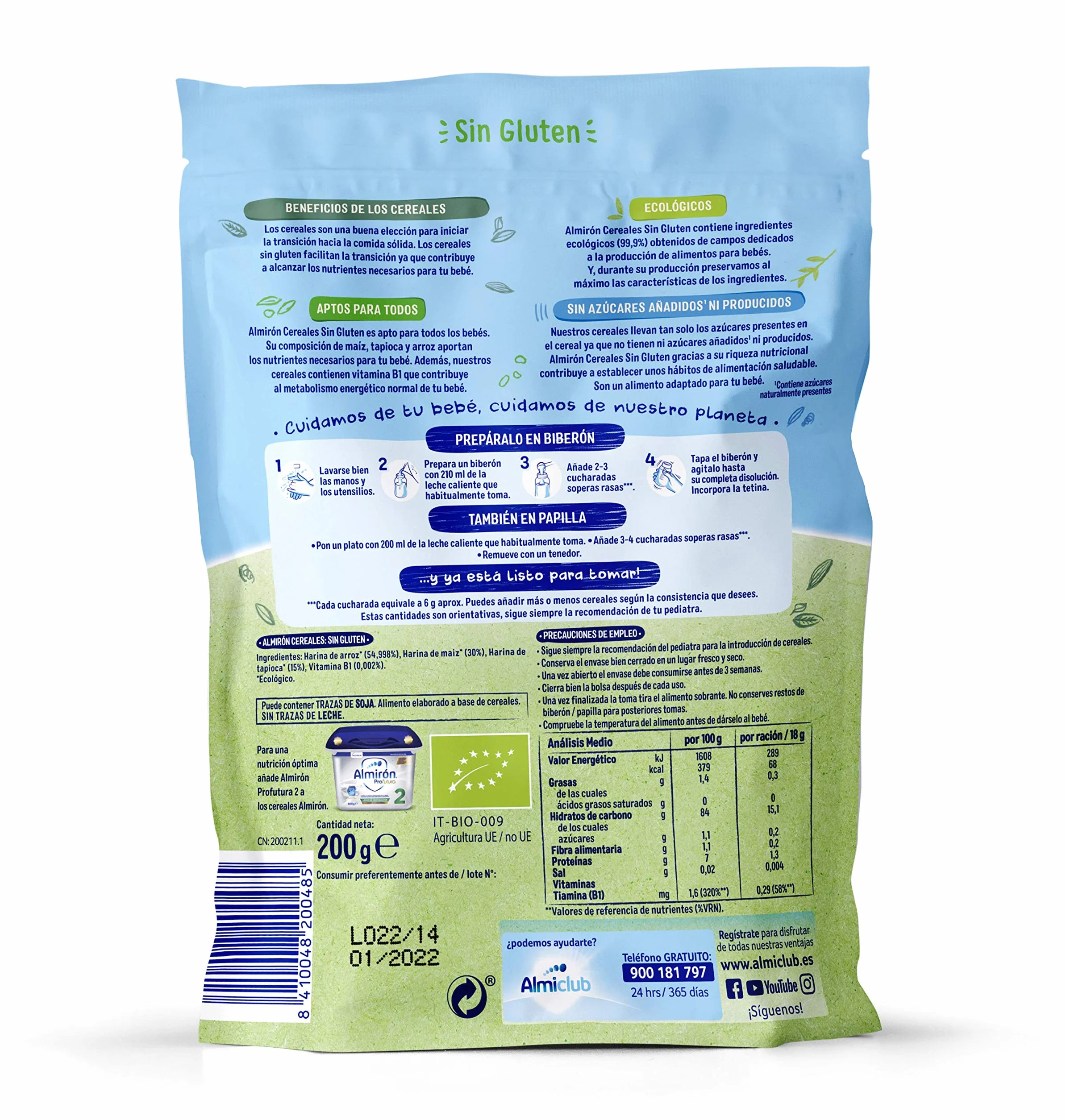 Almirón Cereales Ecológicos Sin Gluten. Pack Bolsas X200G-1.6Kg, 8 Unidades