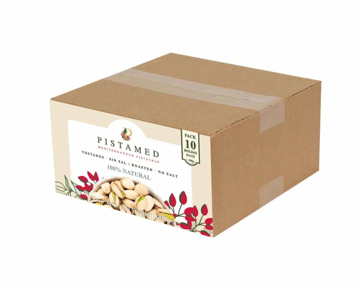 PISTAMED - Pistachos con Cáscara Sin Sal Tostados Artesanalmente - Alto Contenido en Fibra - Apto Veganos y Sin Gluten - Pack 10 x 100 g Formato Individual - Origen España - Snack Natural
