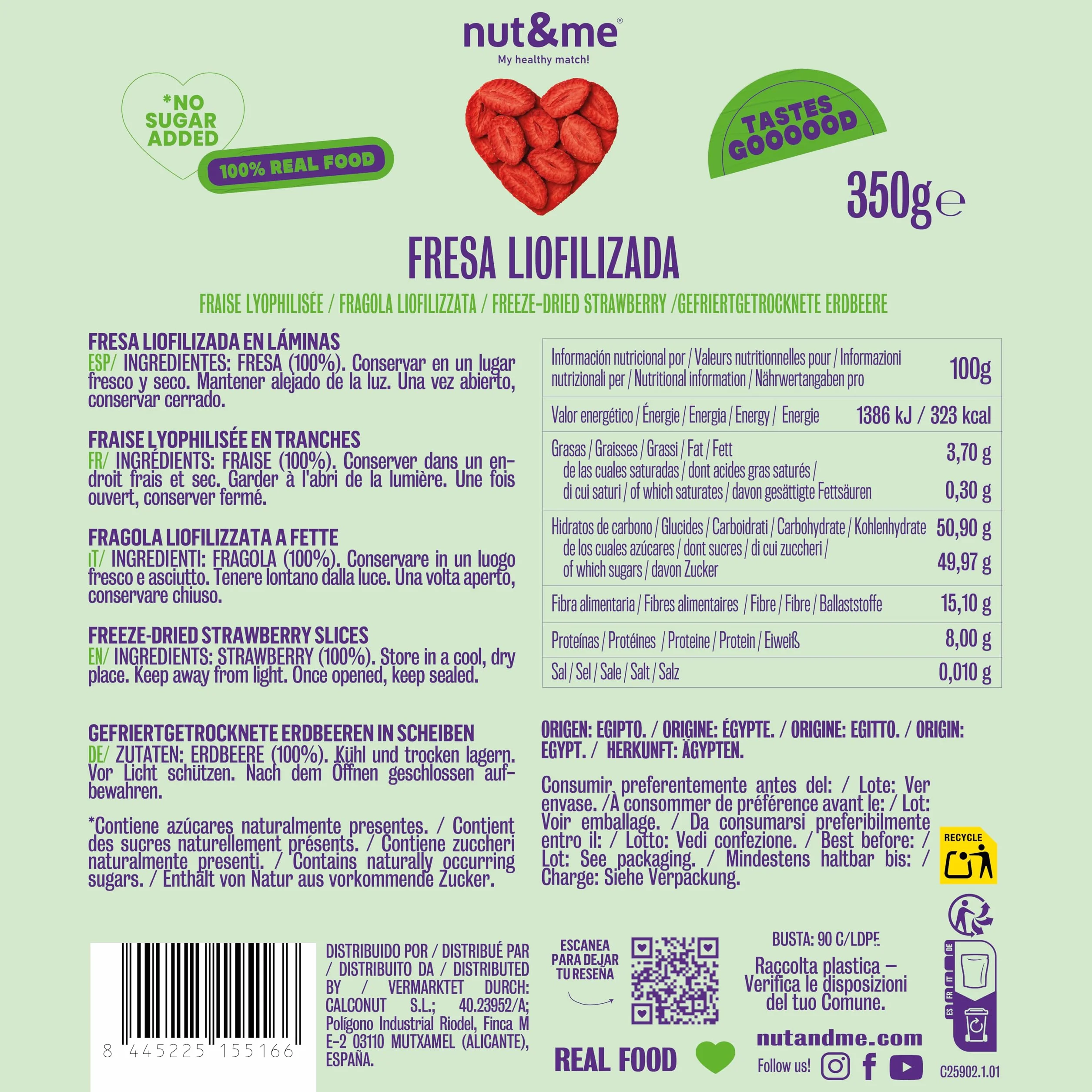 nut&me Fresa liofilizada en rodajas 350 gr | 100% Fresas naturales deshidratadas | Naturalmente dulces | Sin azúcares añadidos, aditivos, OGM y Gluten | Retenido de Vitaminas | Vegano