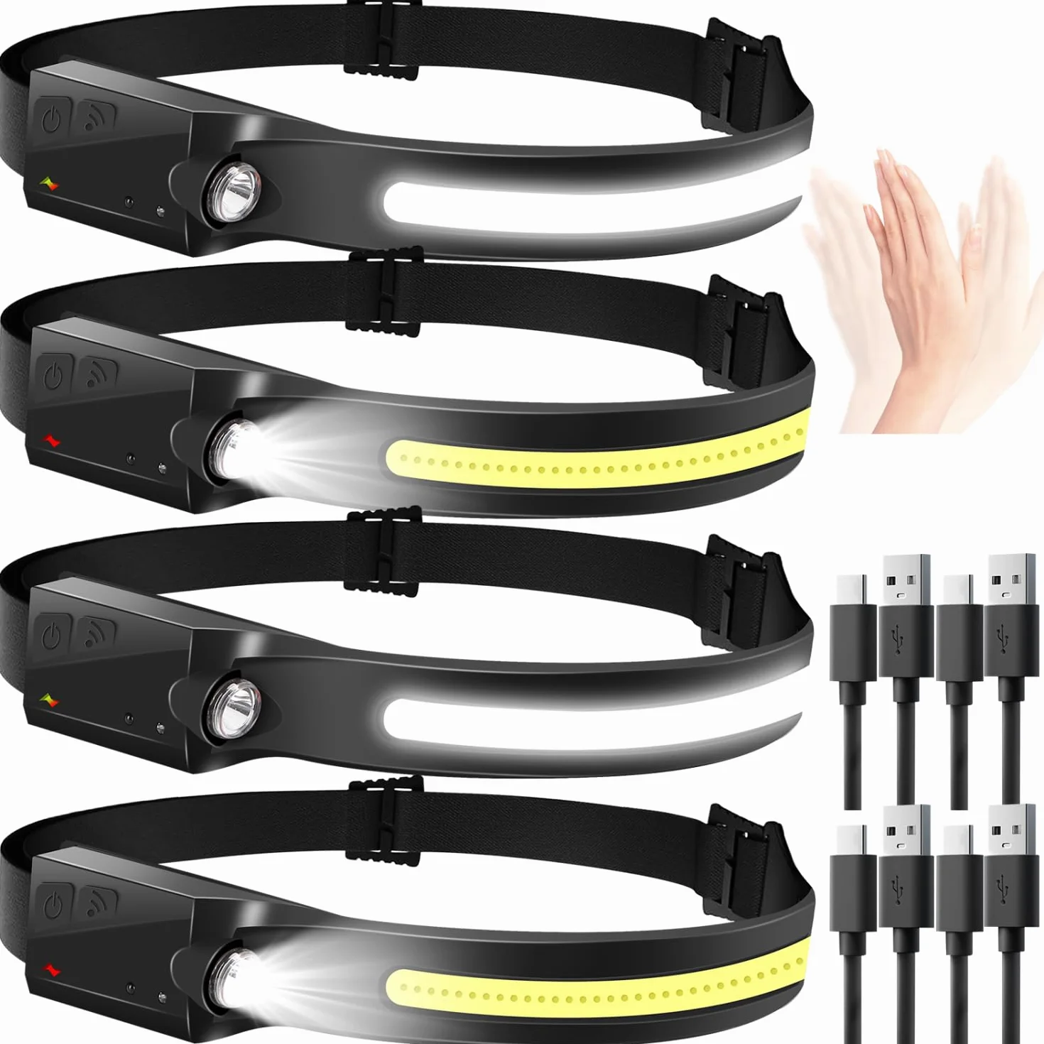 Aigostar Linterna Frontal LED Recargable 4 Piezas Sensor Movimiento 6 Modos Luz 230° Ángulo Ancho USB C Ligera Camping