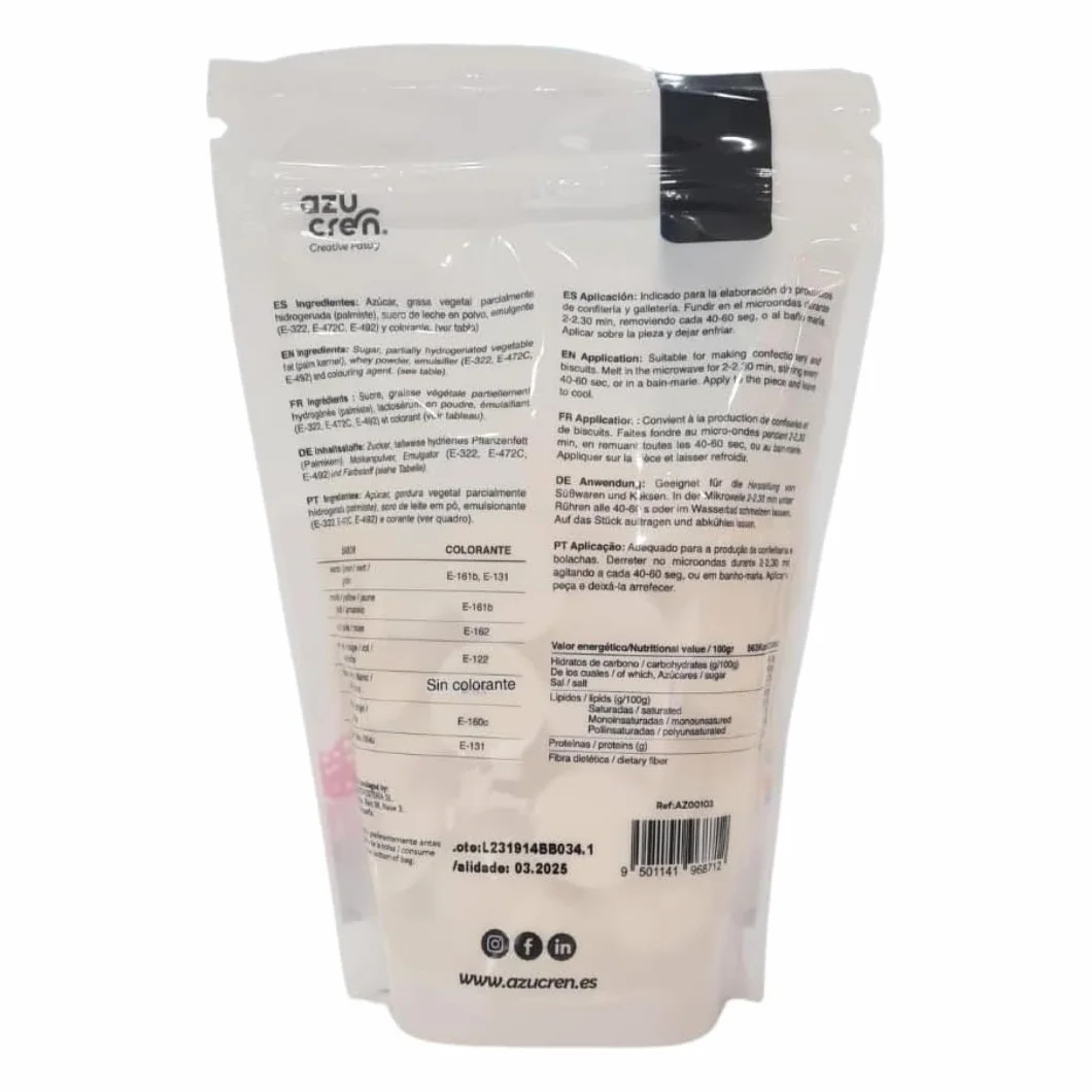 Azucren, Cobertura para Derretir, Sabor Similar al Chocolate, Ideal para Cubrir, Moldear, Bañar y Decorar Tartas, Cake Pops y Postres, Textura Cremosa y Fácil de Usar, 250 g (Blanco Brillante)