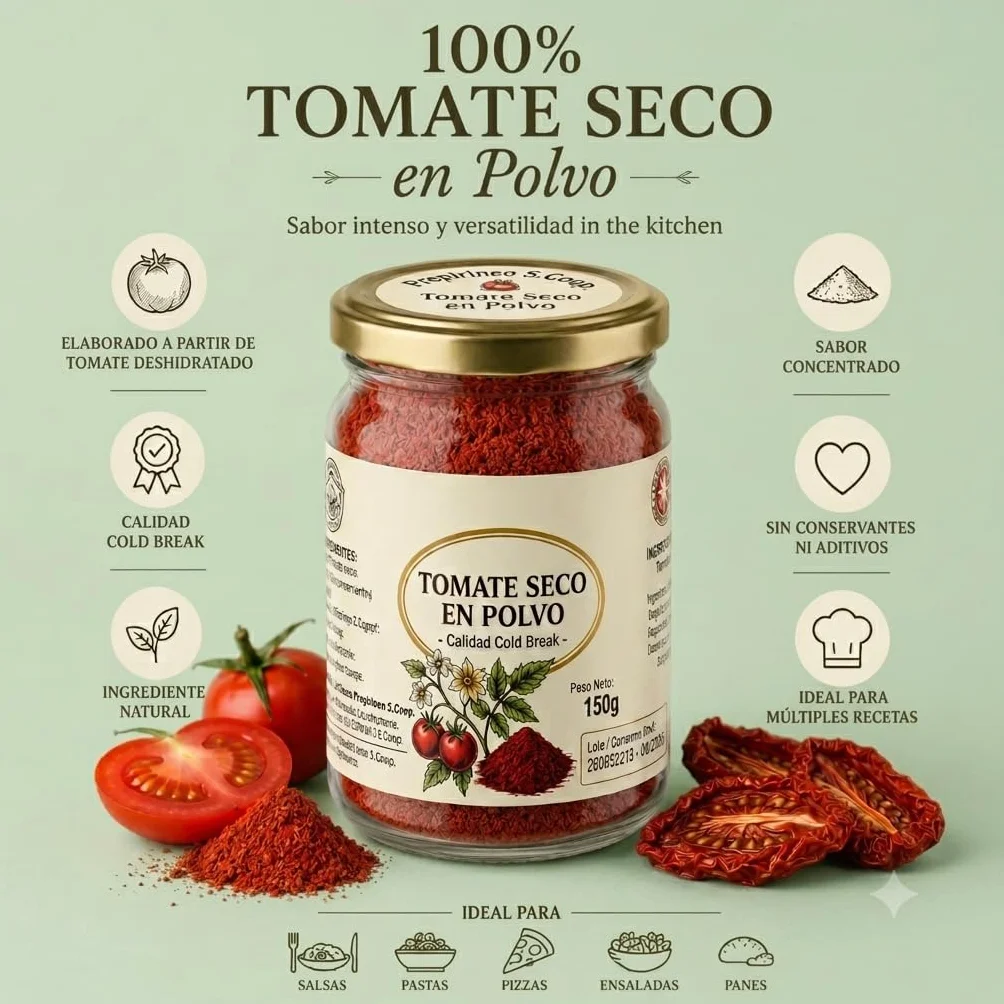 Tomate Seco en Polvo Premium (150g)-Molido Fino, Sabor Intenso y Natural- Ideal para Pasta, Sofritos y Pasta de Tomate Concentrada (1 bote 150g)