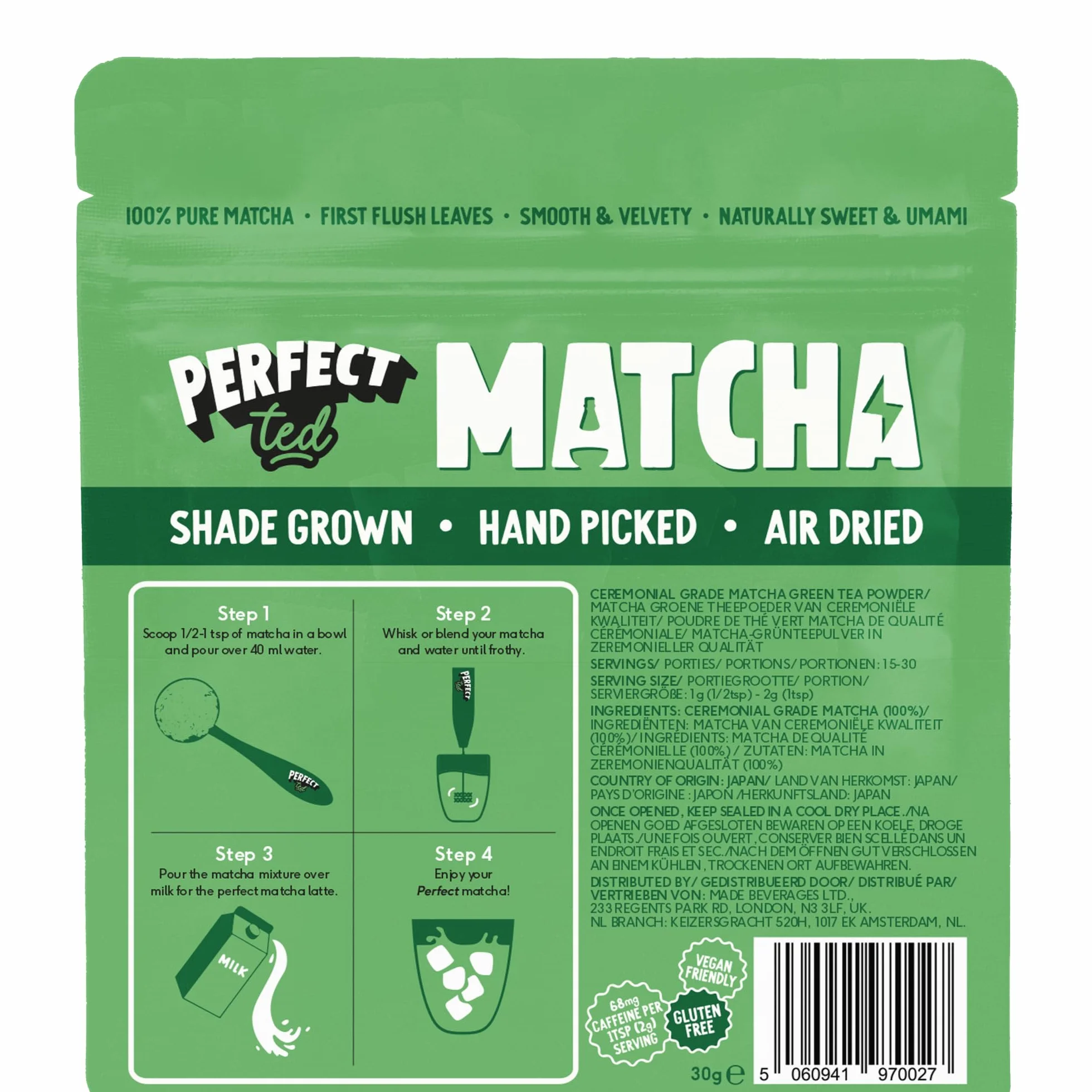 Perfect Ted | Orgánico Matcha 30g (30 Porciones) | Polvo para Latte de Té Matcha Ceremonial | Té Verde Japonés | Té Matcha en Polvo | Macha Tea | Matcha Fuel (30g, Orgánico)