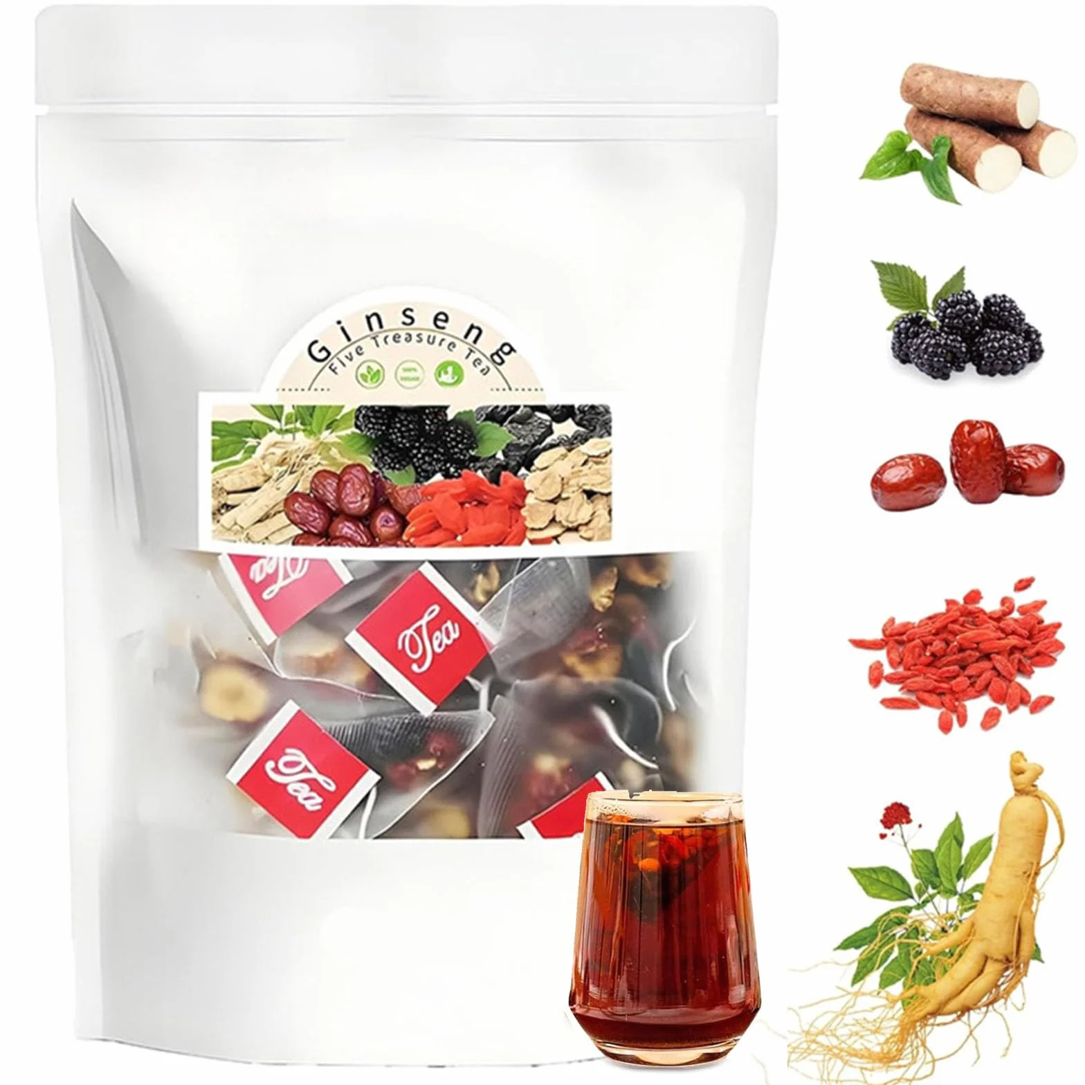 Kidney Tea Formula Ginseng Five Treasure, 20 Bags Ginseng Treasures Tea, Natural and Organic Ingredients (1Set)