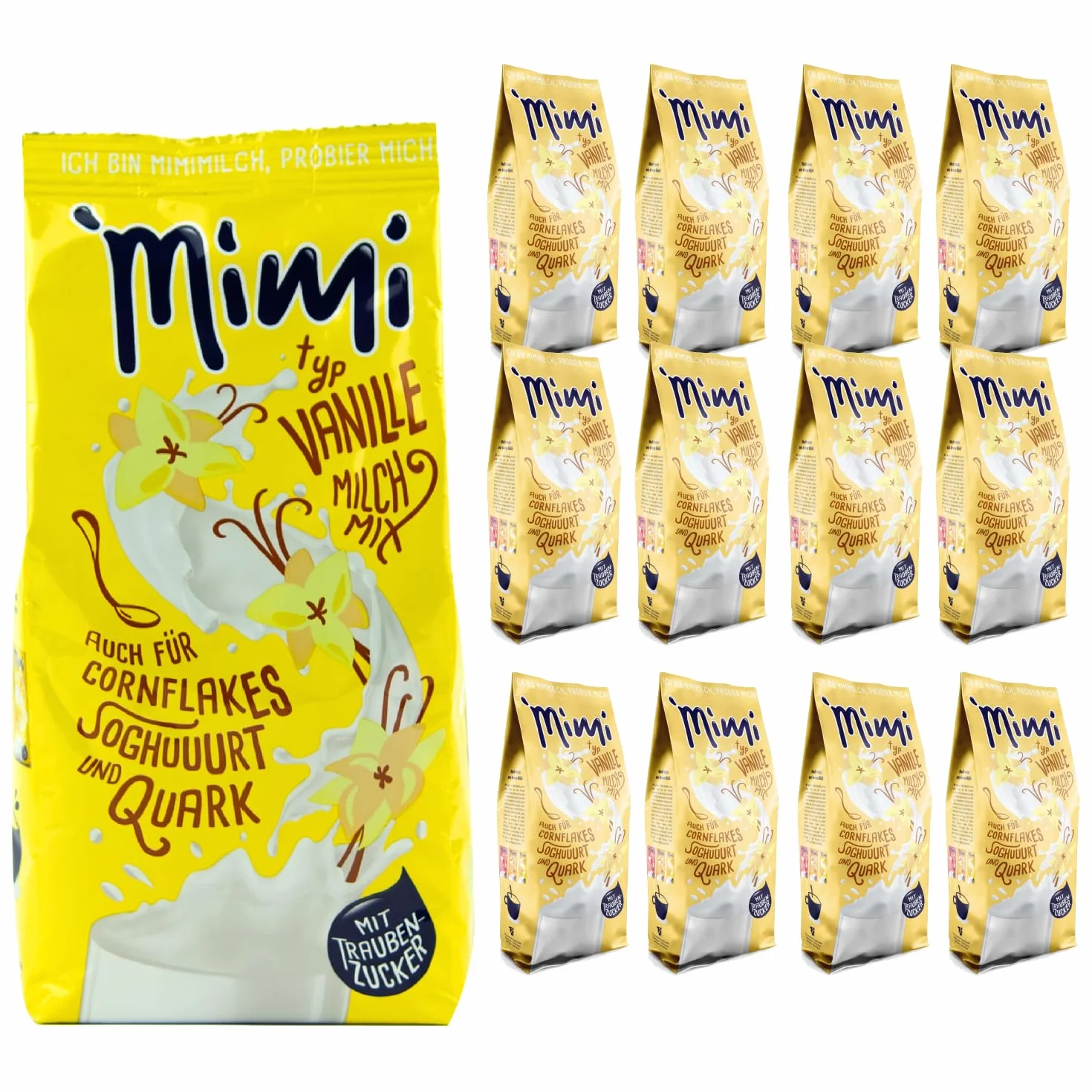 Mimi Milch-Mix Bebida Vainilla Bebida en polvo 12 x 400 g - Paquete de almacenamiento - Deliciosa bebida con sabor a vainilla - Soluble en frío y caliente - Ideal para ocio, oficina, familia grande