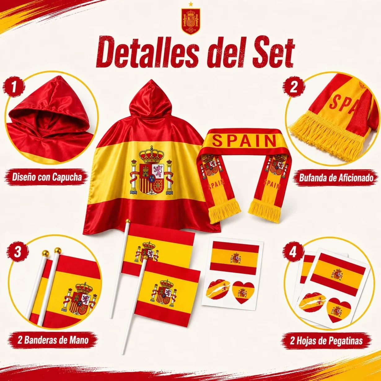 Kit Animación Mundial 2026 Capa Bandera España Bufanda Pegatinas Banderines Mano Celebración Partidos Estadio