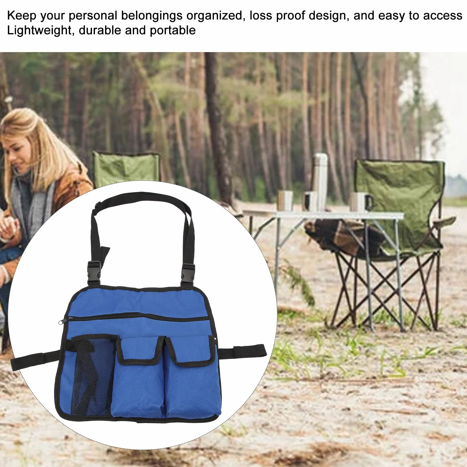 Bolsa colgante para silla de camping, tela Oxford 600D, organizador multifuncional, azul
