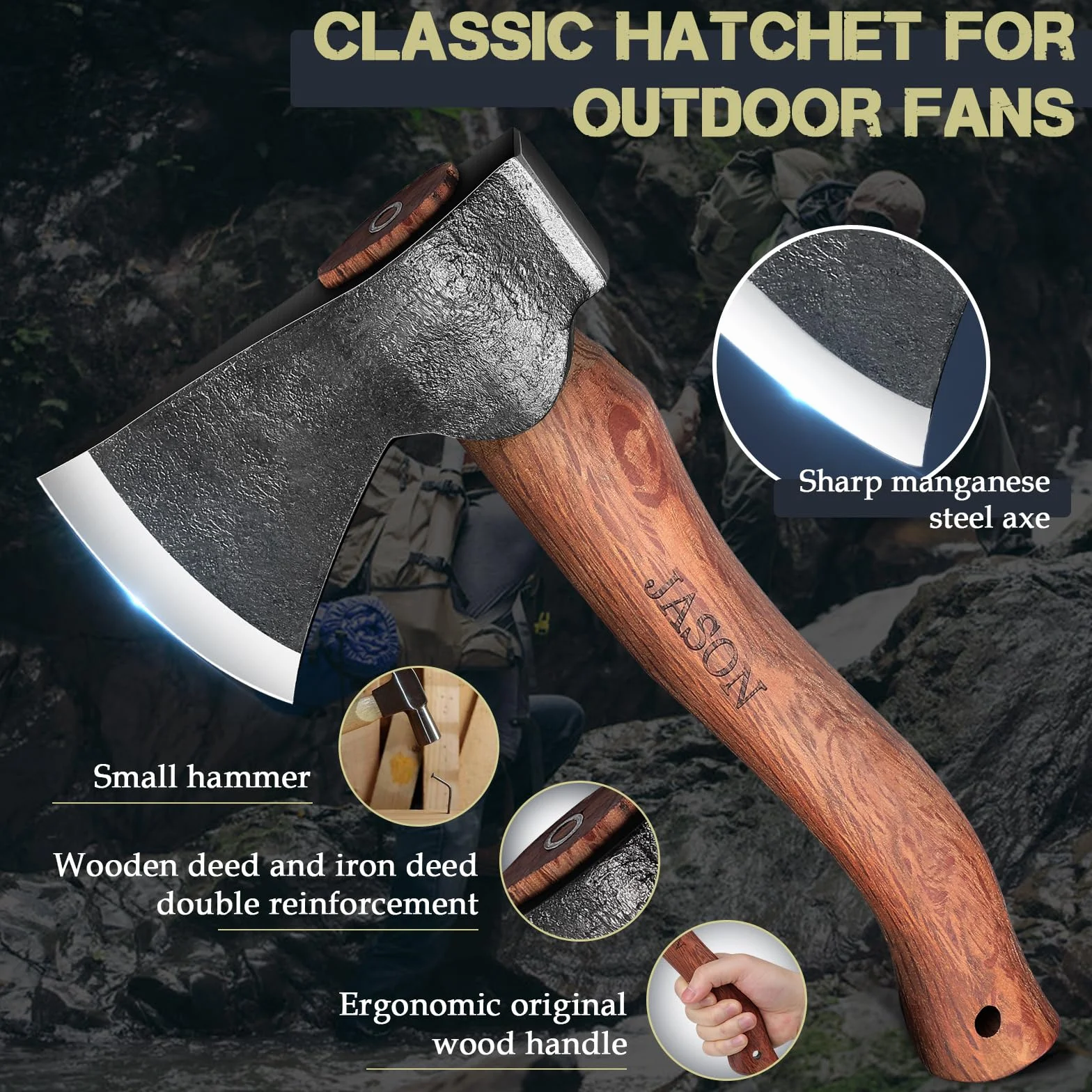 JASON Hacha de mano con mango de madera 30 cm Hacha de supervivencia al aire libre con vaina de PU Hacha de vikingo forjada a mano