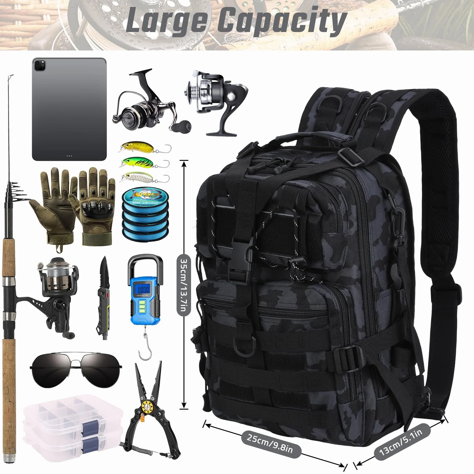 Mochila de Pesca Impermeable Táctica Molle Senderismo Caza
