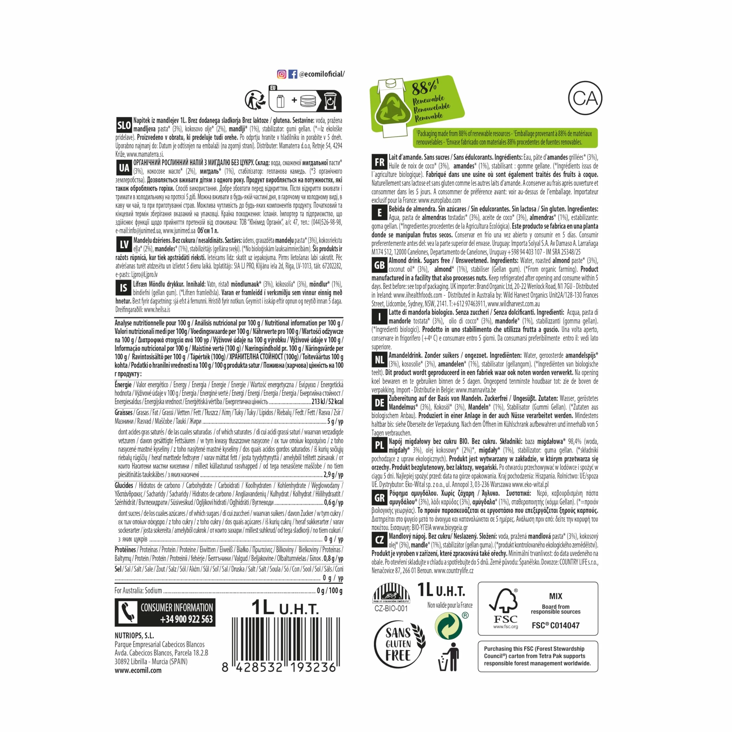 Ecomil - Bebida Vegetal de Almendras, Pack 6 x 1 Litro, Fruto Seco Ecológico, Sin Gluten, Sin Azúcares Añadidos, Apta para Dietas Keto y Veganas