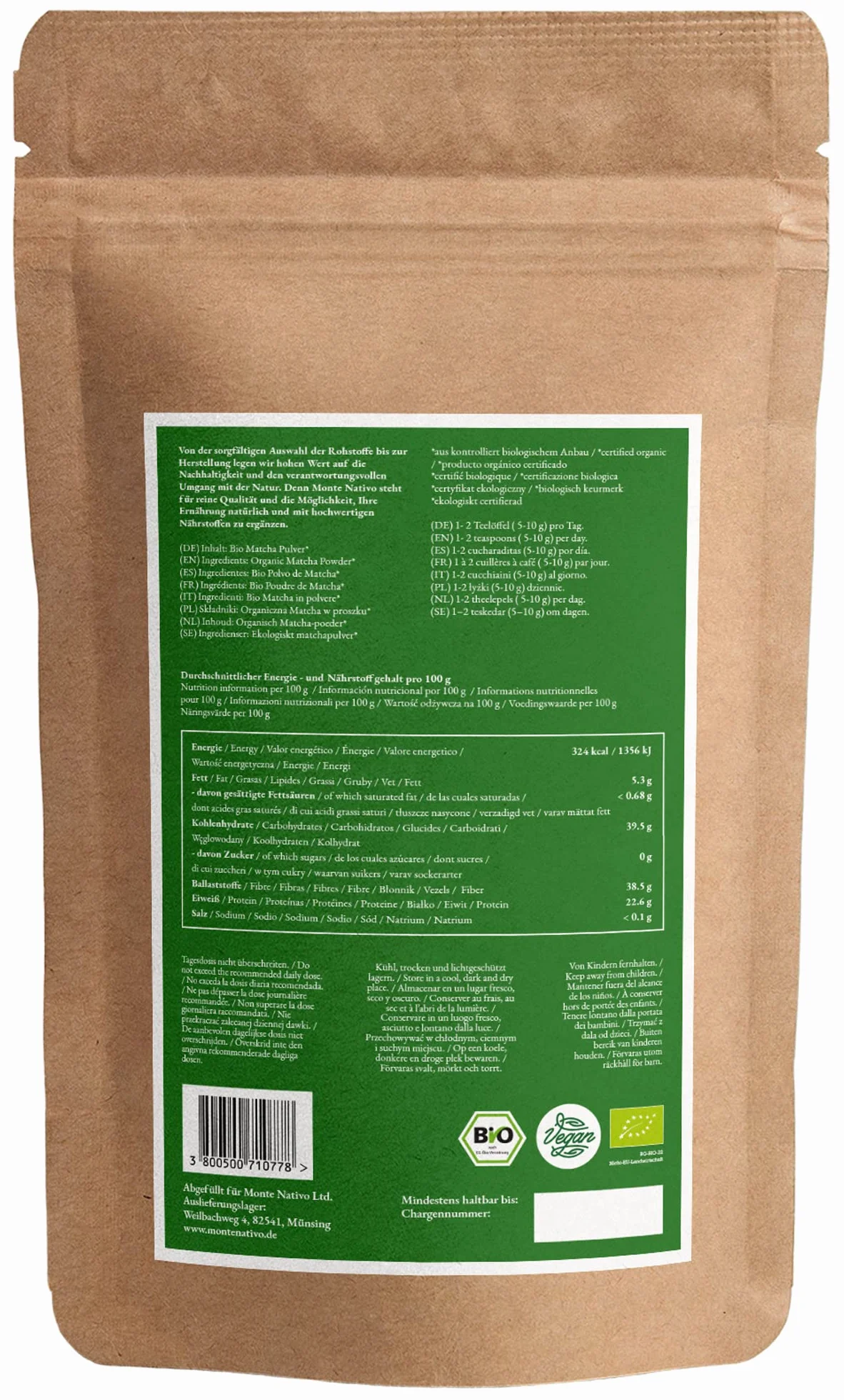 Organic Matcha Tea Powder from Japan Monte Nativo (100g) - Organic Macha Tea - Herbal Infusions - Green Tea - Carefully Cut and Dried - 100% Pure and Natural