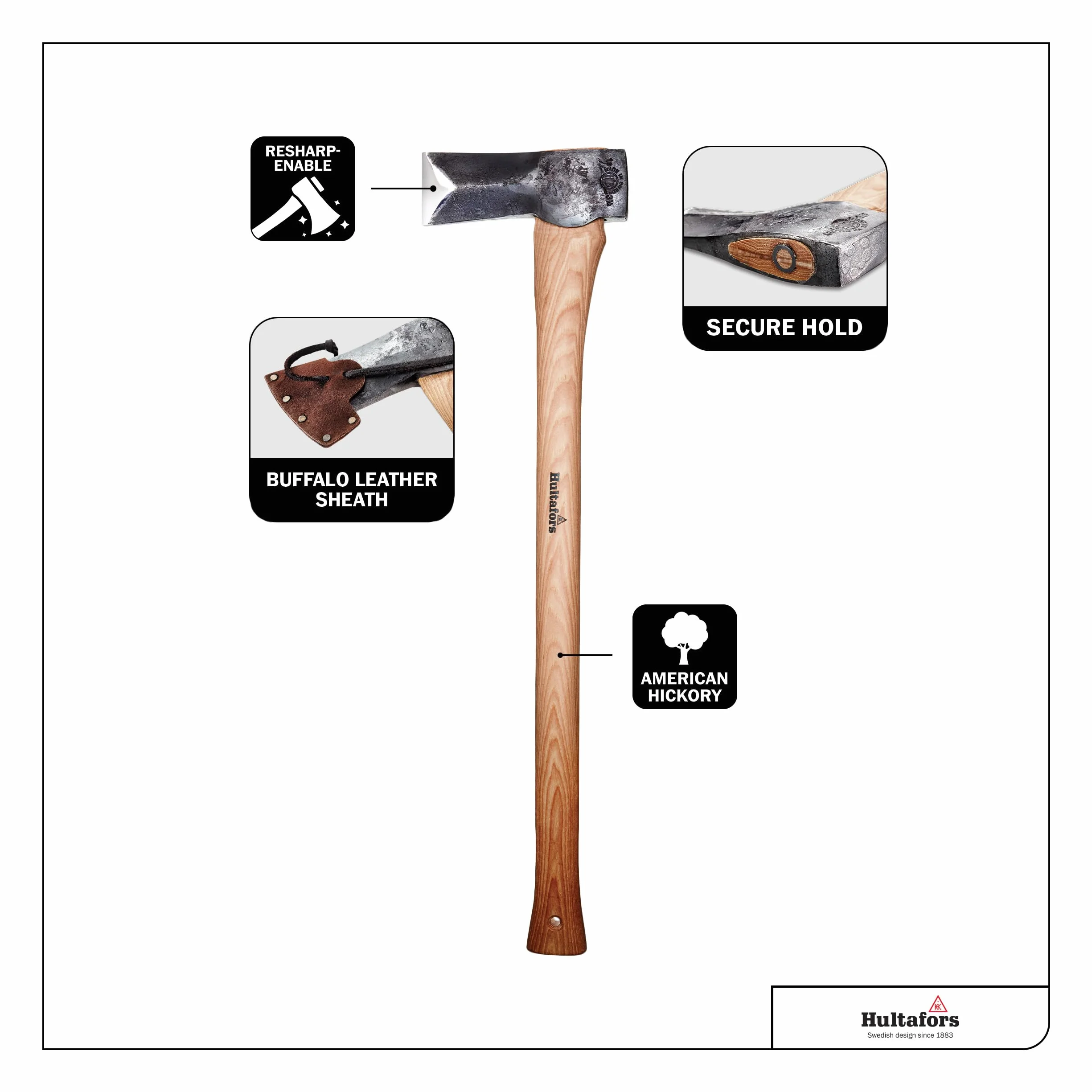 Hacha Hultafors forjada a mano 705mm acero sueco 2020g mango nogal americano funda cuero reafilable