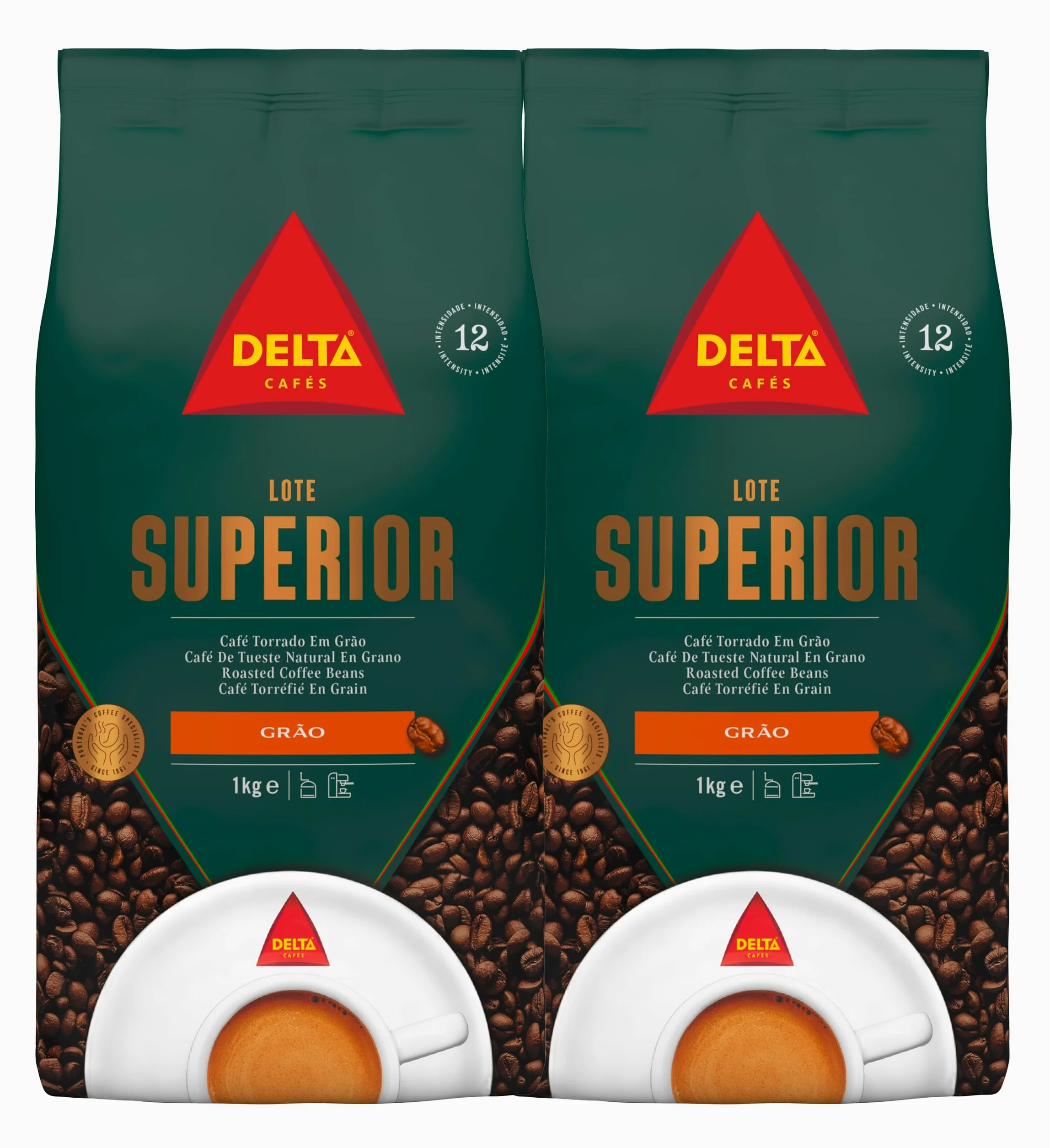 Delta Cafés - Café en Grano Superior - Pack 2 x 1 Kg - Intensidad 12 - Mezcla de Granos Arábica y Robusta - Cuerpo Pleno y Aroma Enérgico con Notas de Especias, Palomitas y Frutos Secos Tostados