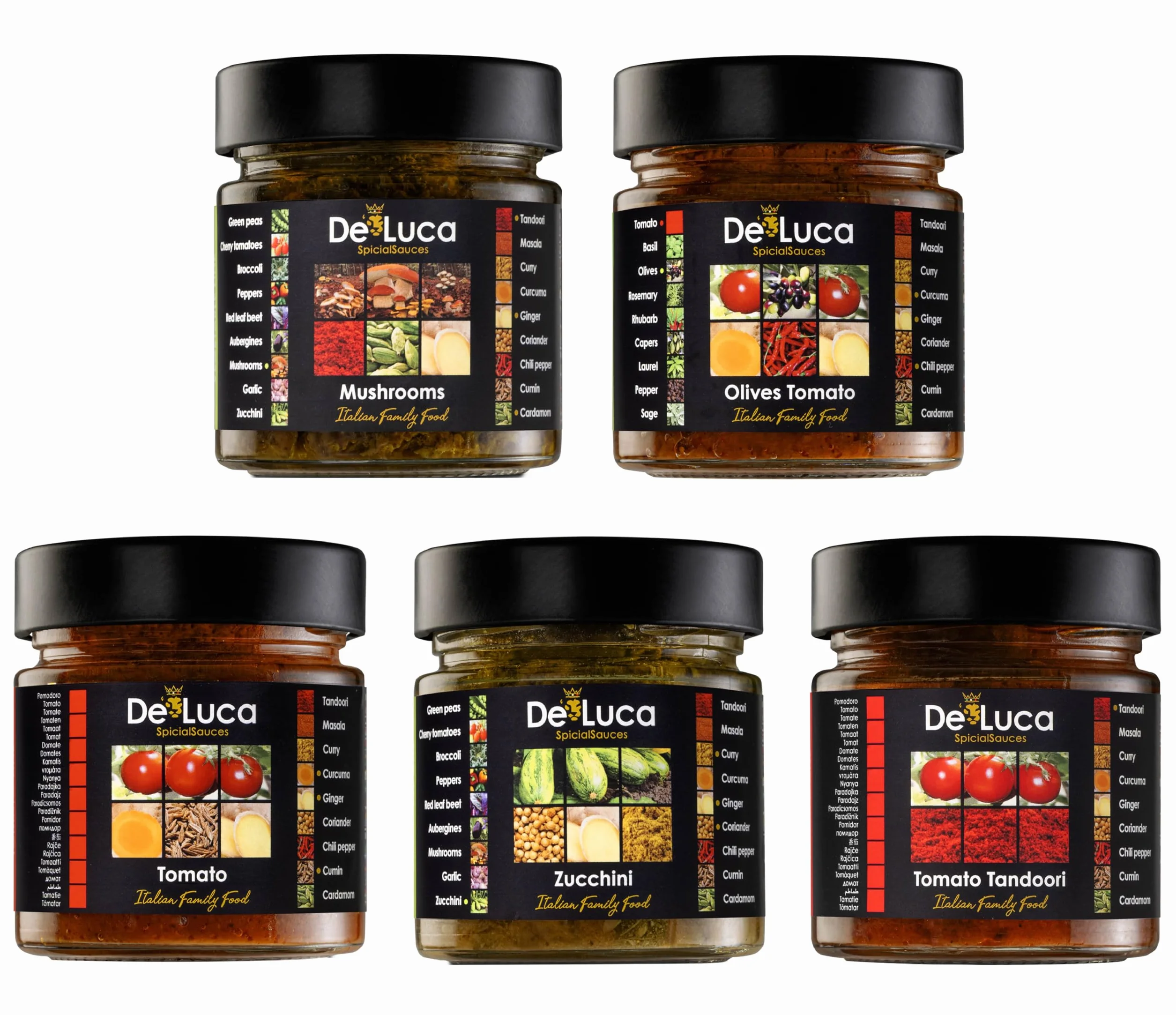 De Luca Family Food: 5 salsas Made in Italy, especiadas y listas para usar. Tomato 220gr, Tomato Tandoori 220gr, Olives Tomato 220gr, Zucchini 210gr, Mushrooms 210gr. Vegetarianos.