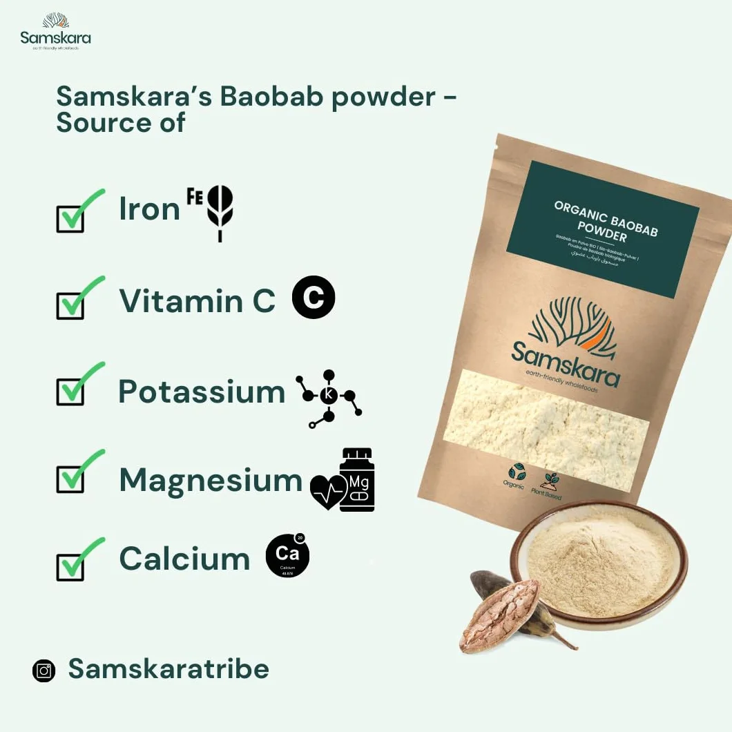 Baobab en Polvo BIO Ecologico | Calidad A+ 100% pura cruda, fuente de Vit C, Calcio, Colageno natural | SAMSKARA | Organic Baobab Powder (500gr x 1 pack) - Envasado en 2025 Frescura garantizada