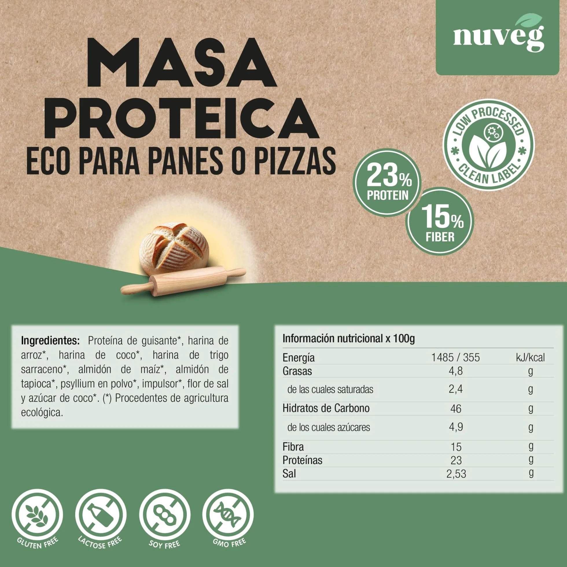 NUVEG Masa Proteica Ecológica para Panes o Pizzas, Vegano, Preparado para Pan Proteico y Masa de Pizza, Harina Panificable Sin Gluten, Sin Lactosa, Contiene Harina de Trigo Sarraceno, Pack 2, 540g