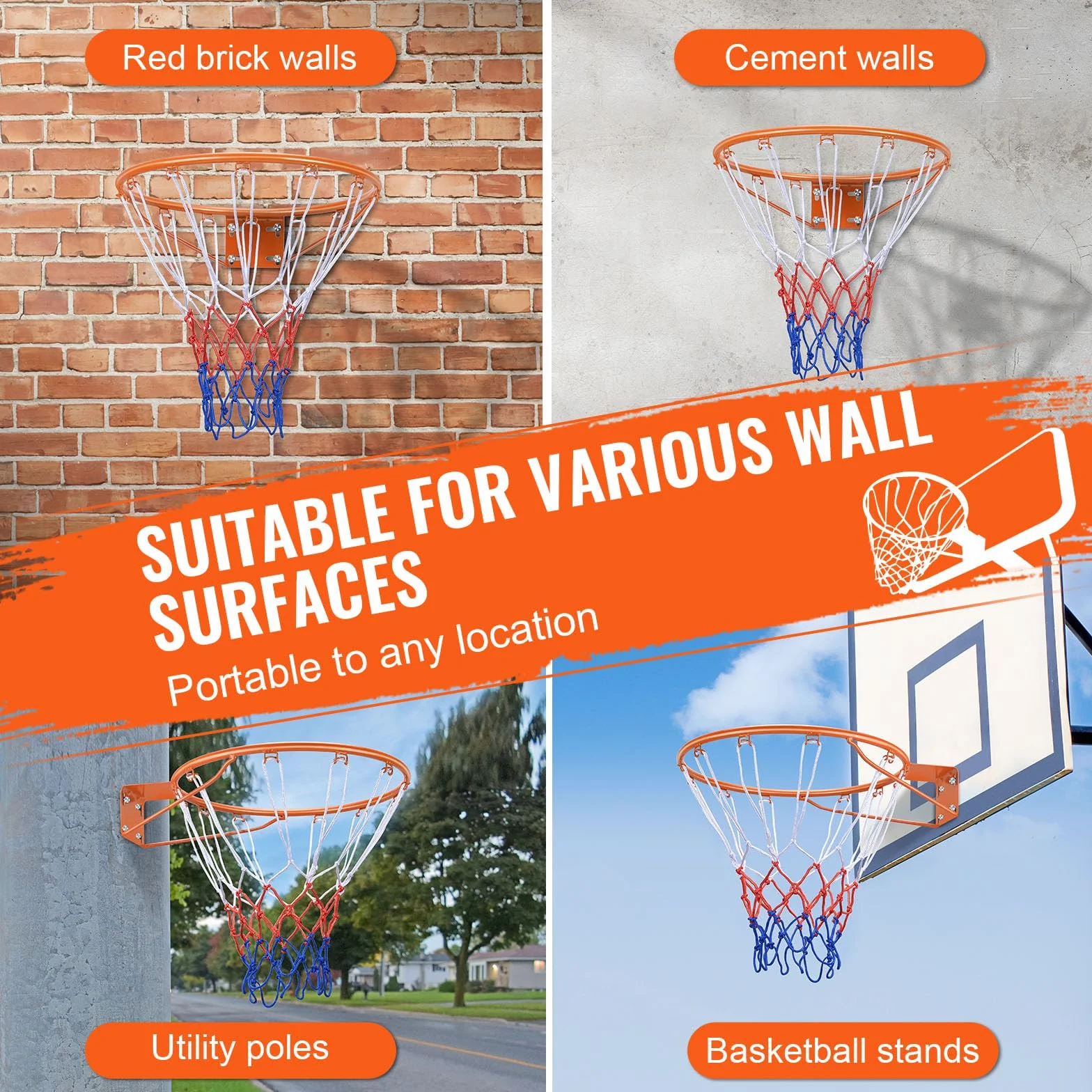 VEVOR Aro de baloncesto montado en pared Q235 18 pulgadas flexible borde red estándar interior exterior