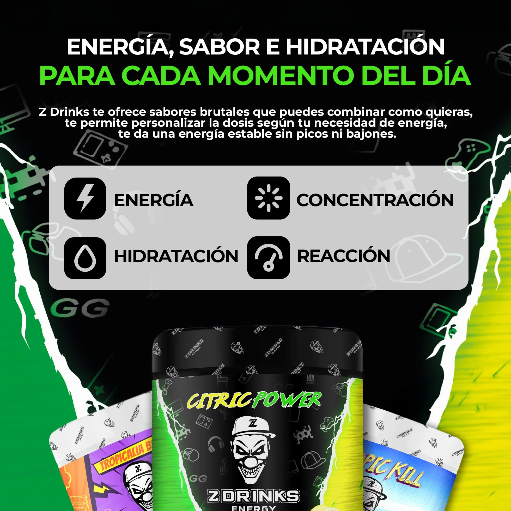 Z Drinks Energy Bebida Energética en Polvo 70 Servicios Sin Azúcar con Cafeína Minerales y Vitaminas Sabor Limón