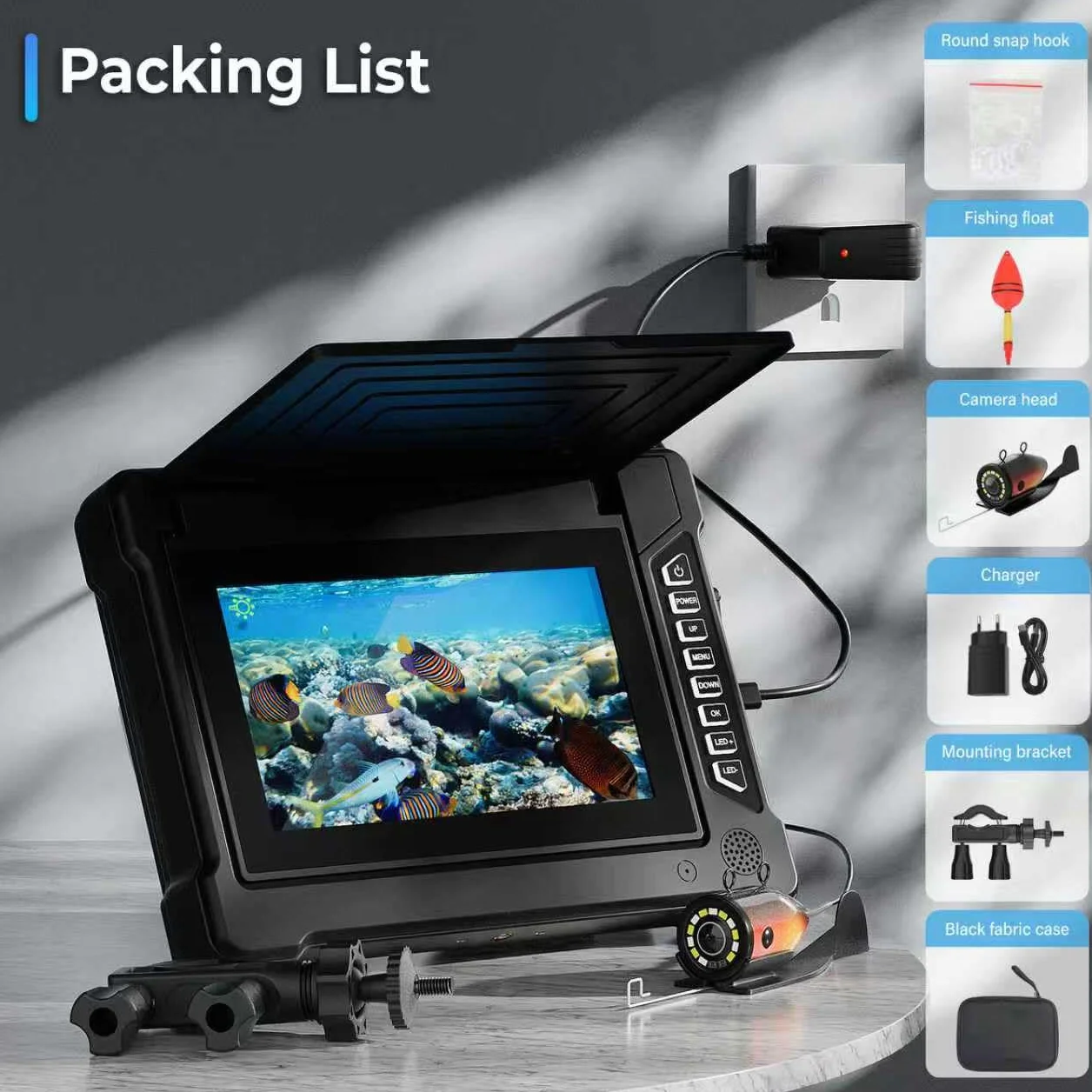 Cámara de Pesca Submarina 7" IPS con Visera, HD 1200TVL Gran Angular, IP68, Fish Finder para Hielo Mar Lago