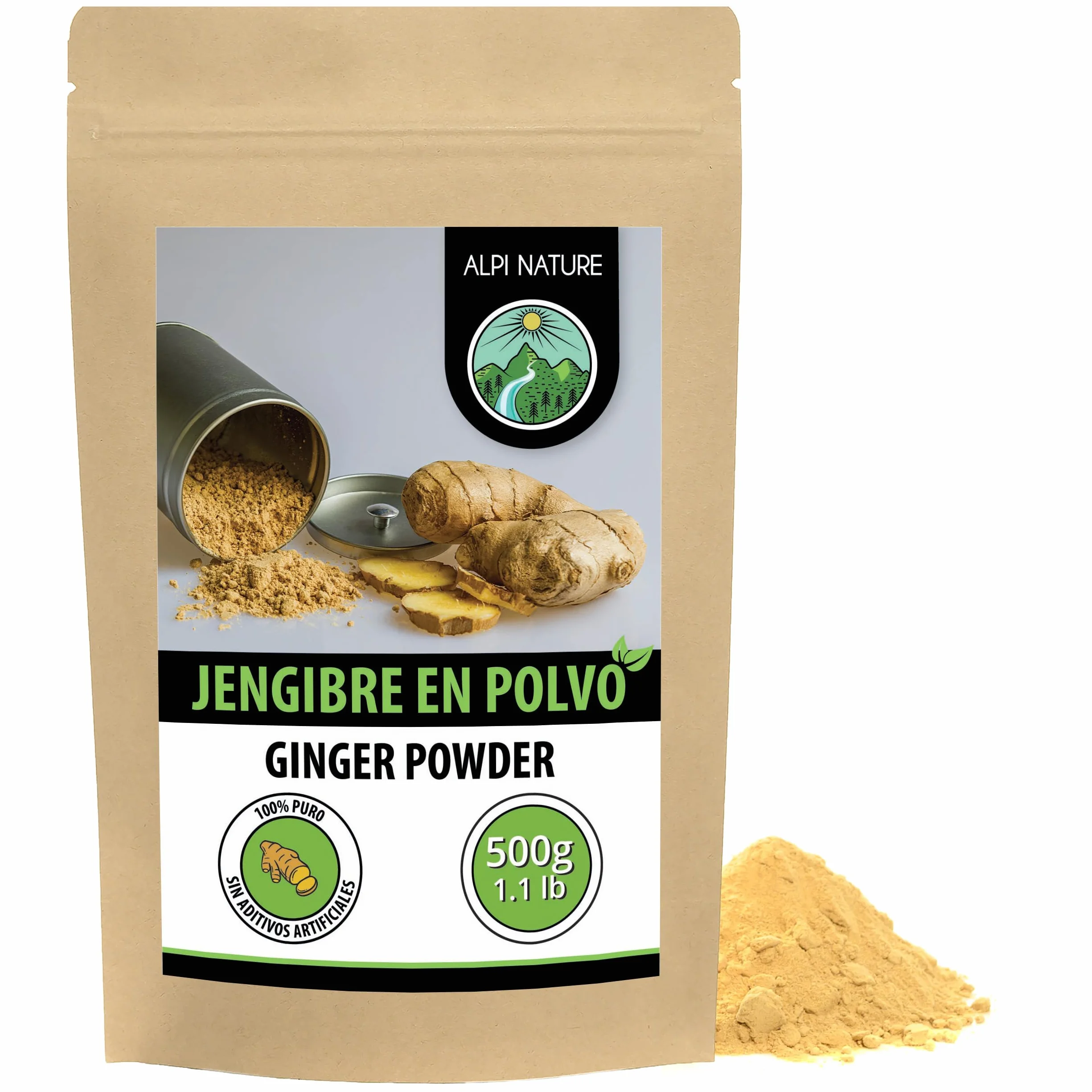 Alpi Nature Jengibre en Polvo 500g, Raíz de Jengibre Seca y Molida para Cocinar y Hornear