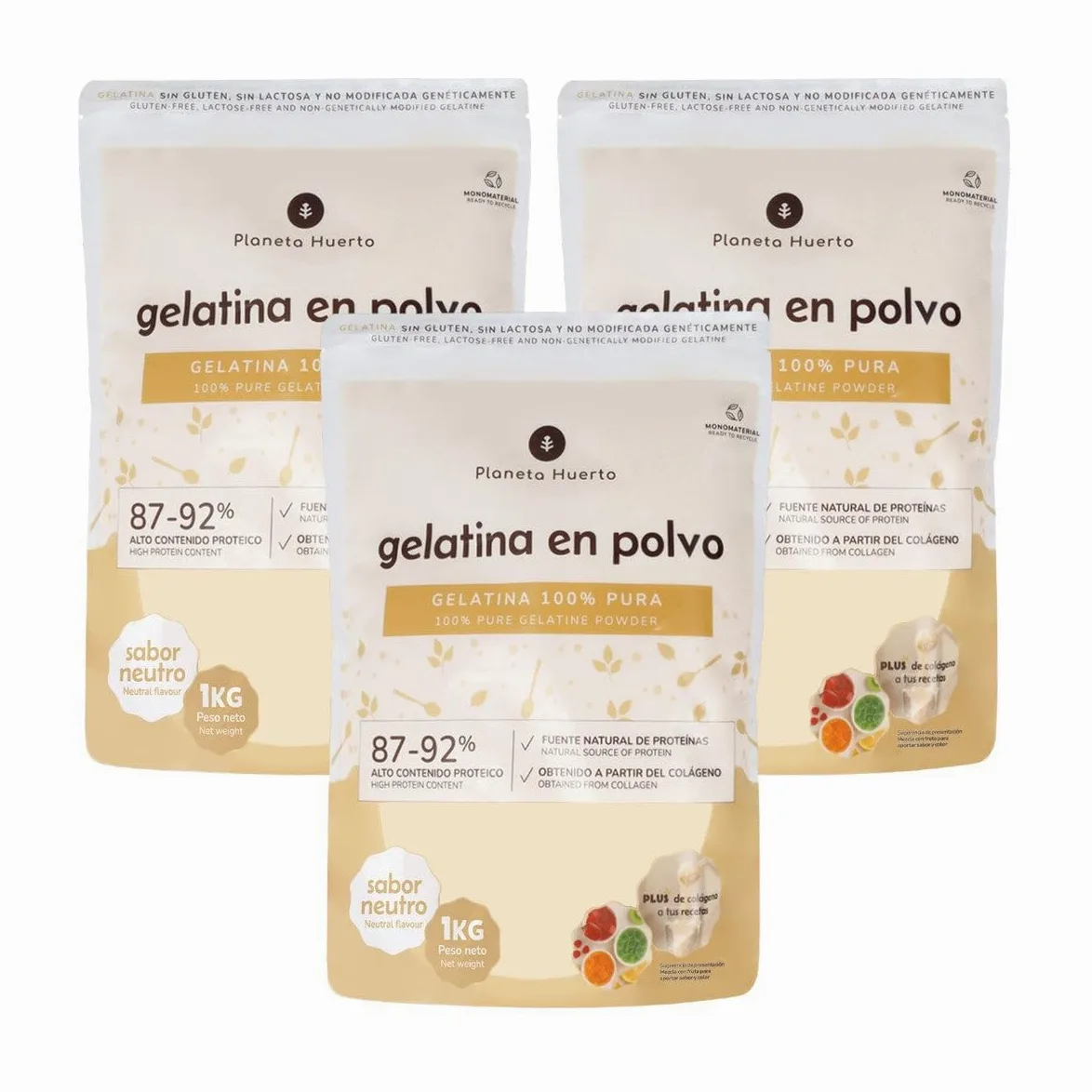 PLANETA HUERTO | Pack 3x Gelatina neutra en polvo fuente de colágeno 1 Kg