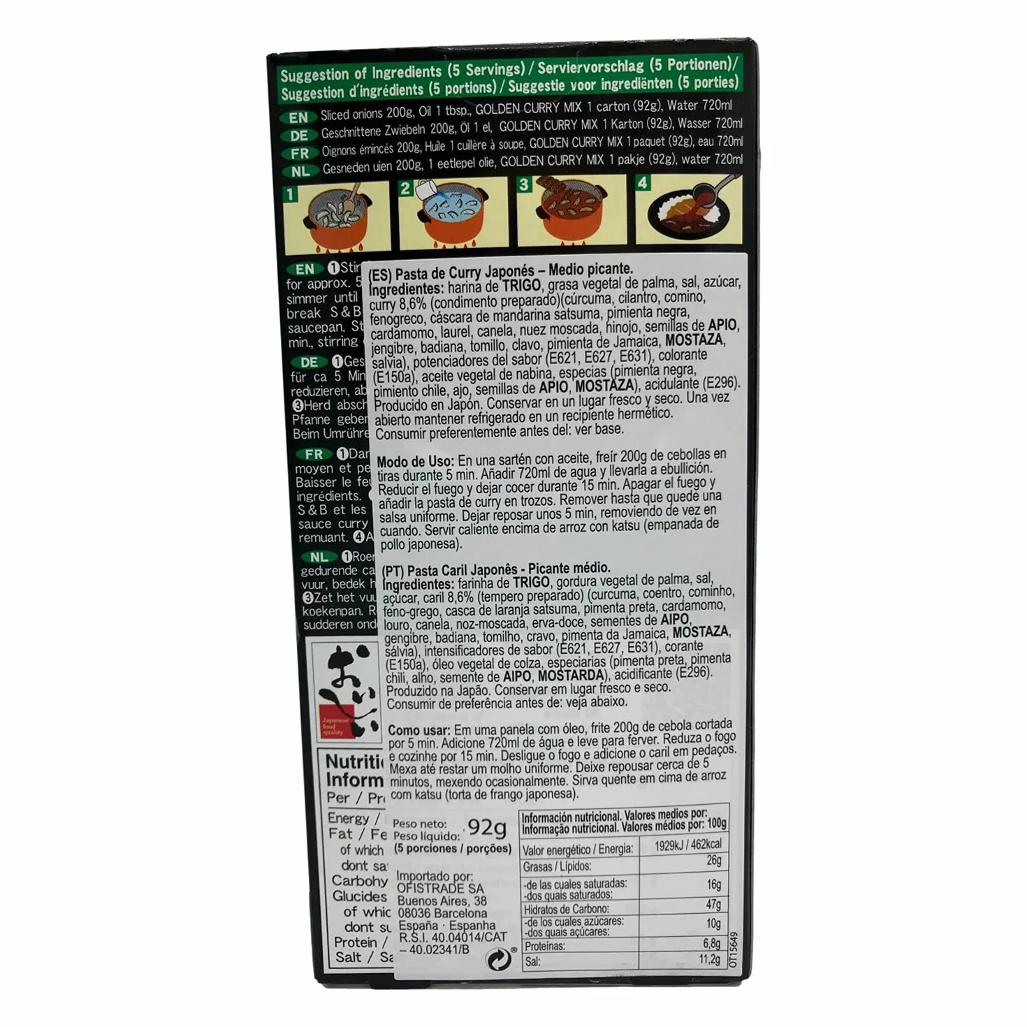 S&B Curry Japonés, Pastillas de Curry Spice, Sazonador Picante, Sabor Picante Medio, Condimento ideal para tus Recetas, 92 g (Paquete de 1)