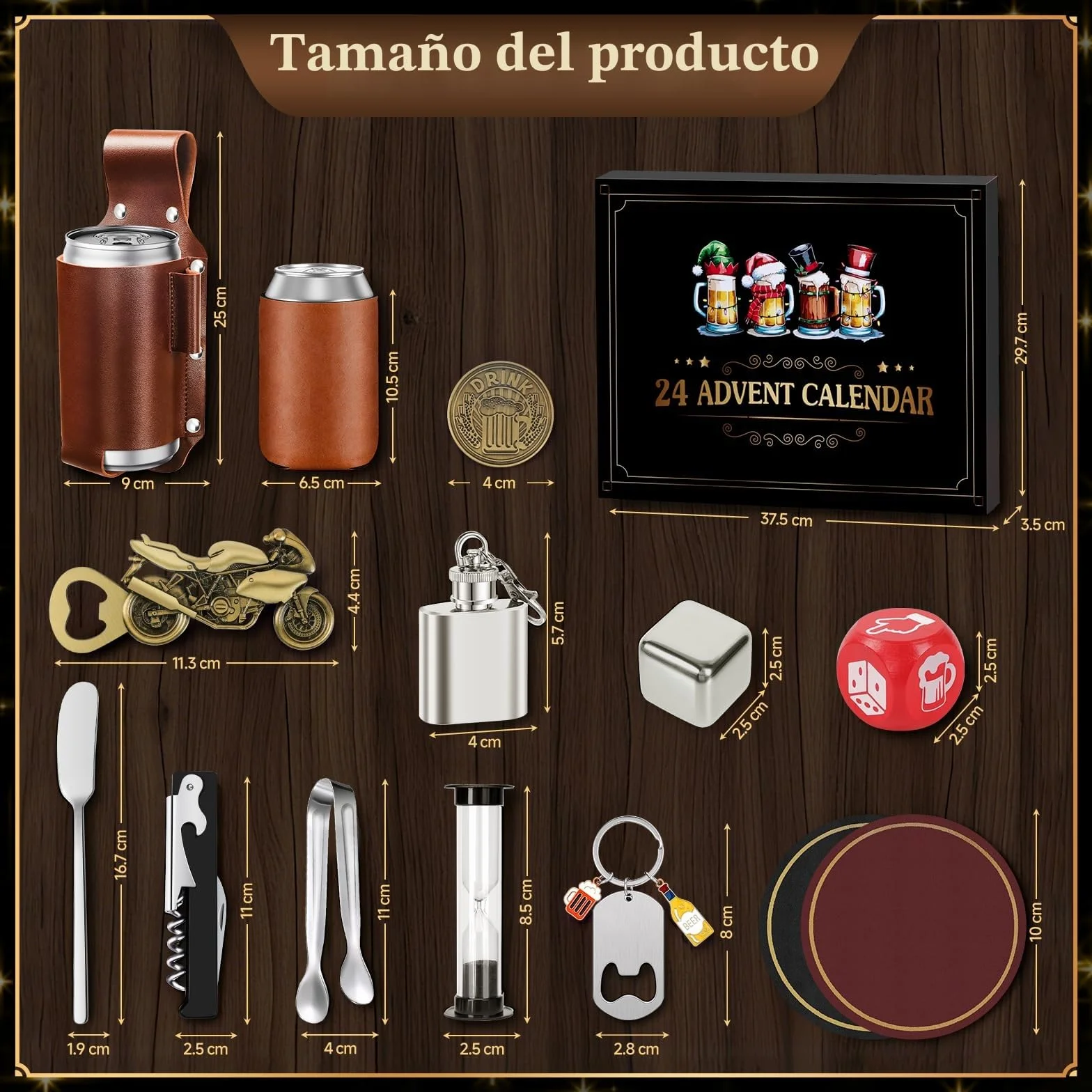 Calendario Adviento Hombre 2025 con 24 Regalos Originales Set Vino Petaca Abridor Posavasos
